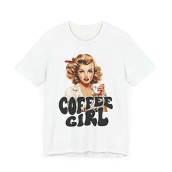 Retro Coffee drinking lady Unisex Jersey Short Sleeve Tee