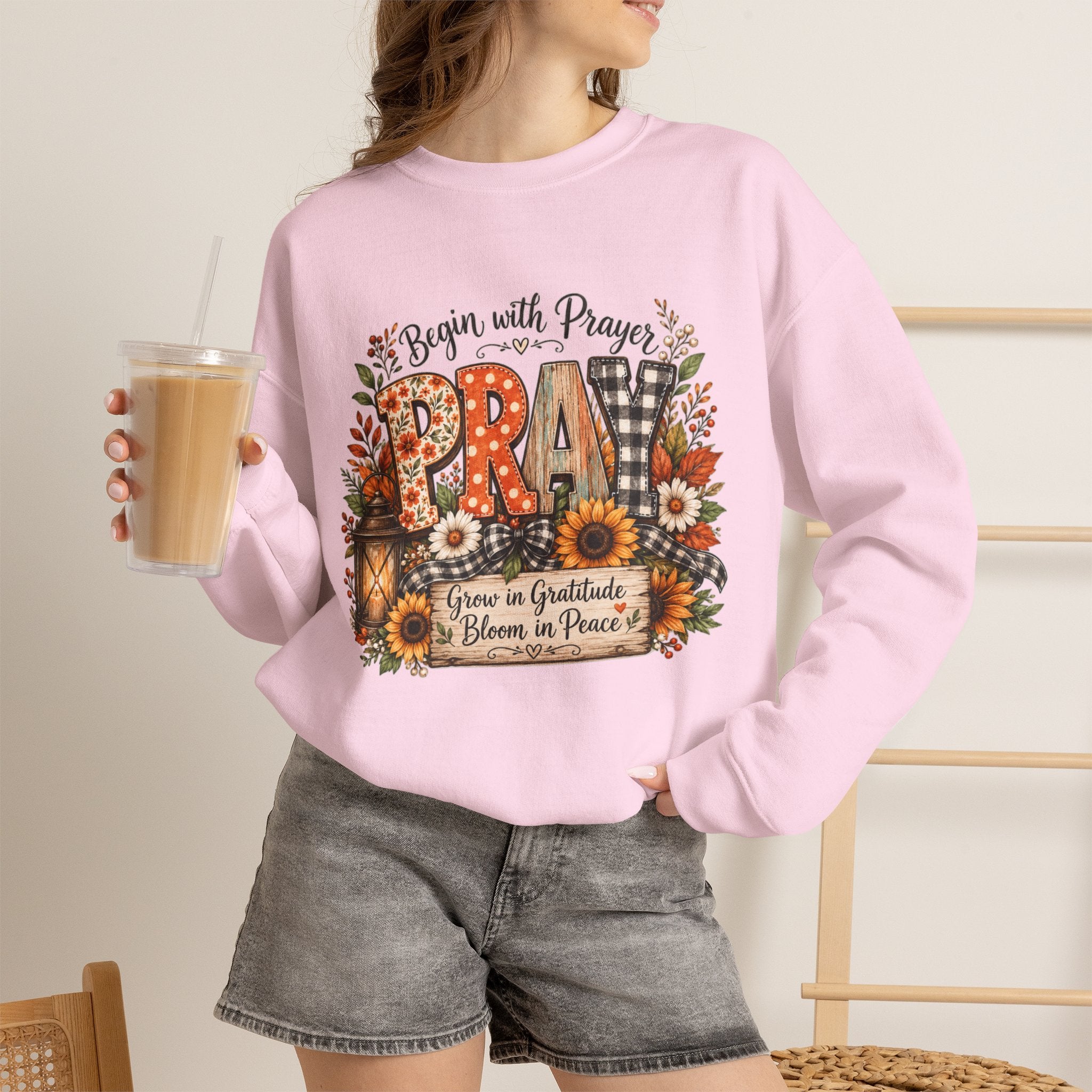 Begin with Prayer Sweatshirt – Floral Christian Faith Crewneck