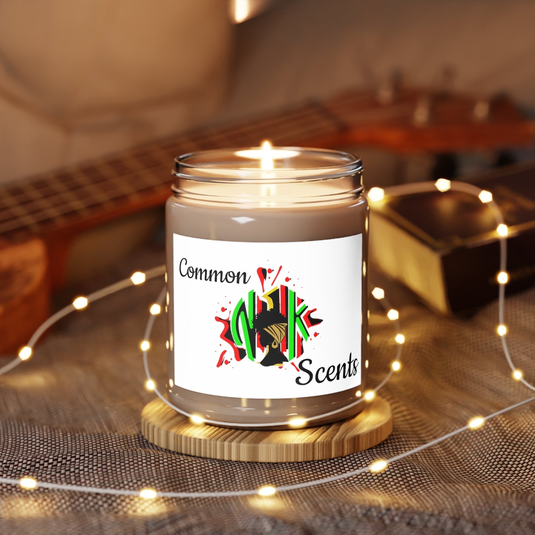 Common Scents Candles 9oz natural soy wax candle with custom label and cotton wick