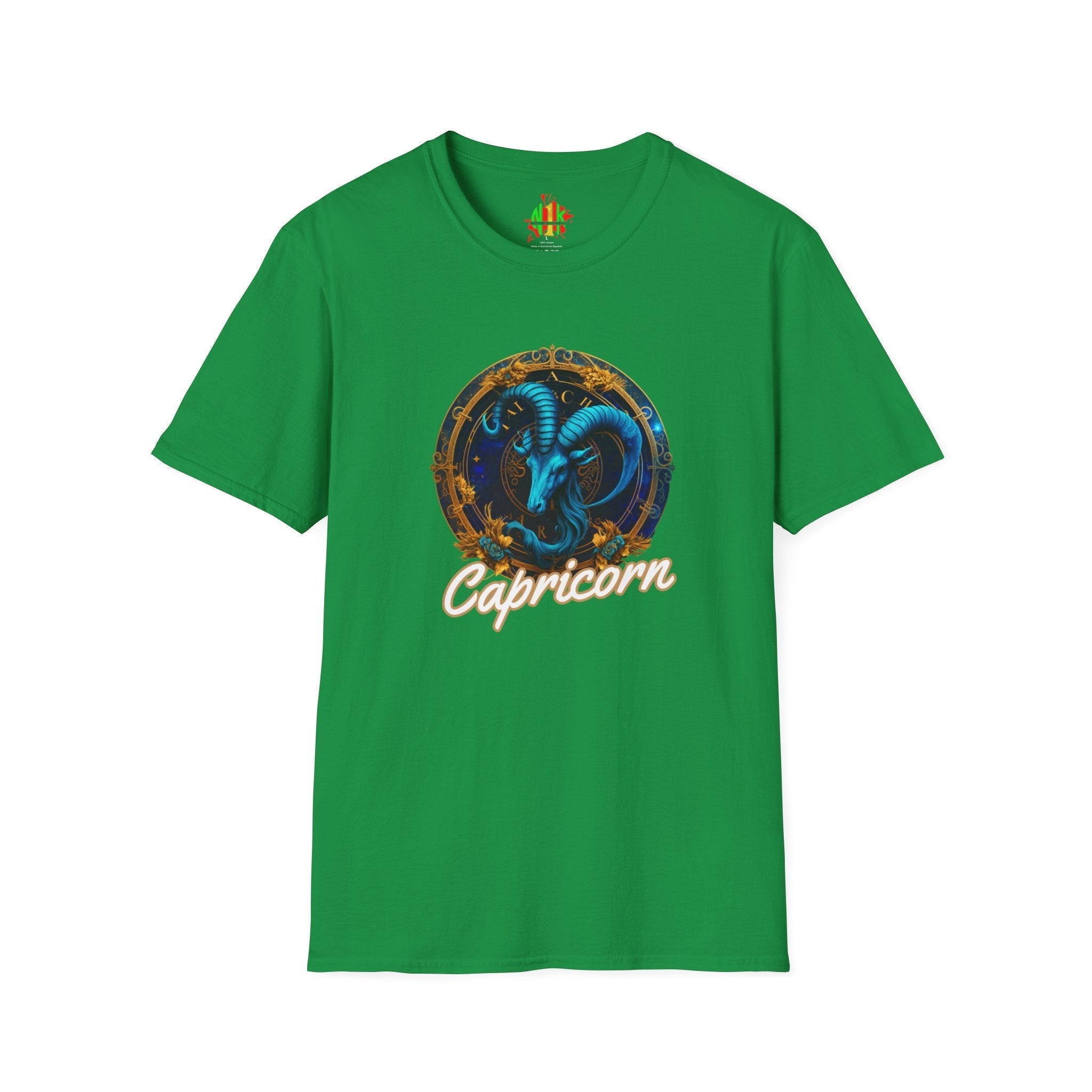 Capricorn Tee unisex soft-style cotton t-shirt with size guide and durable ribbed collar