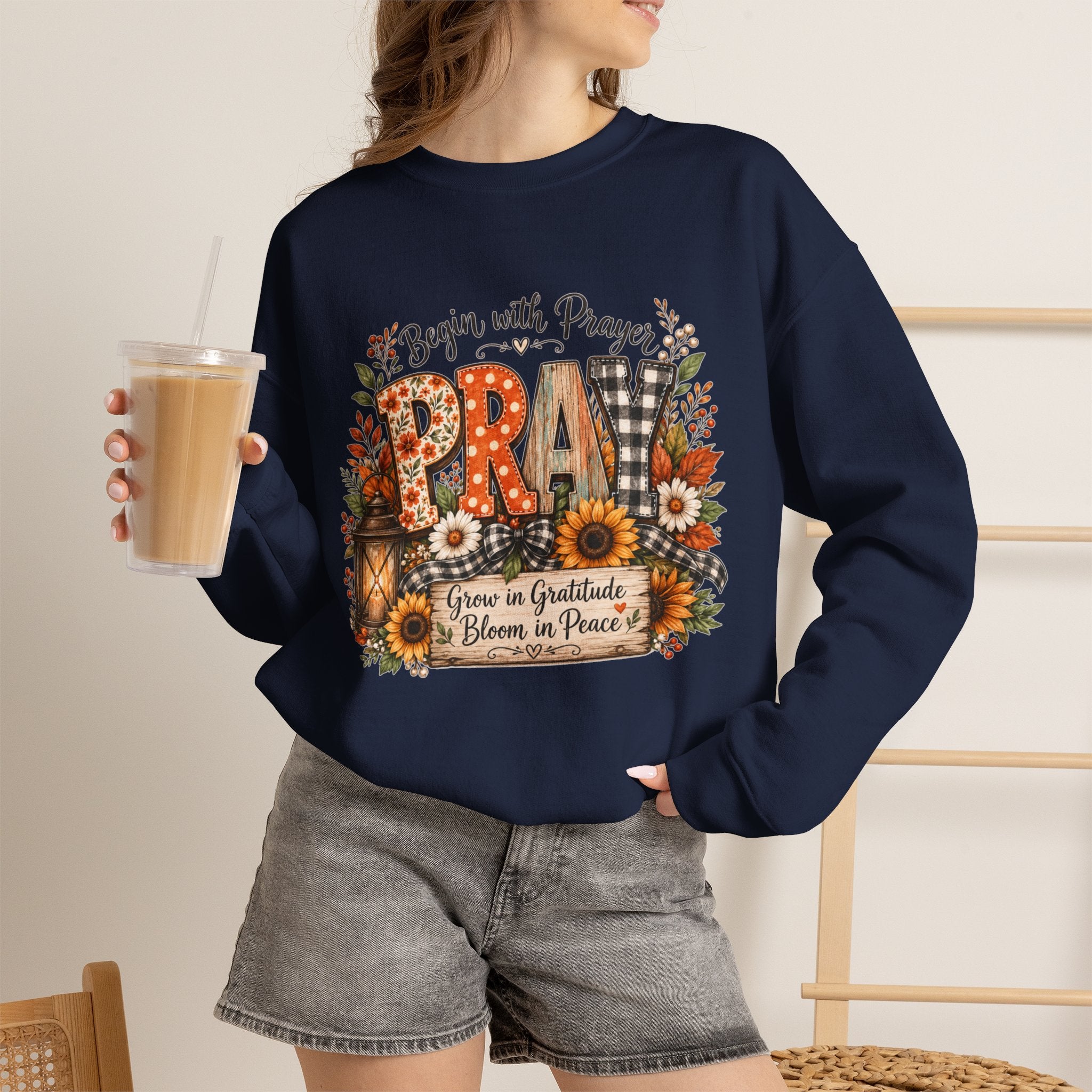 Begin with Prayer Sweatshirt – Floral Christian Faith Crewneck