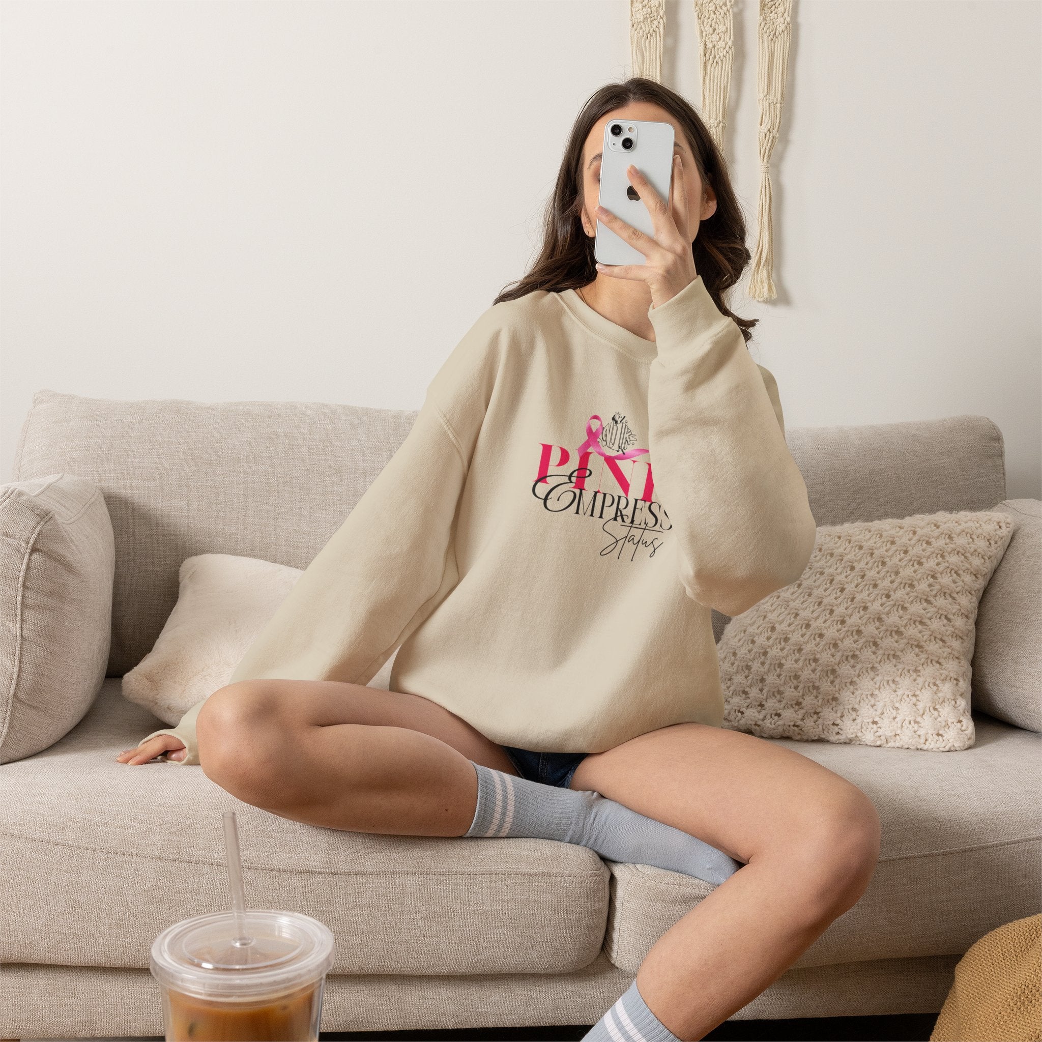 N1K Pink Empress Status Cancer Awareness Crewneck Sweatshirt - Pink Ribbon "PINK" Design