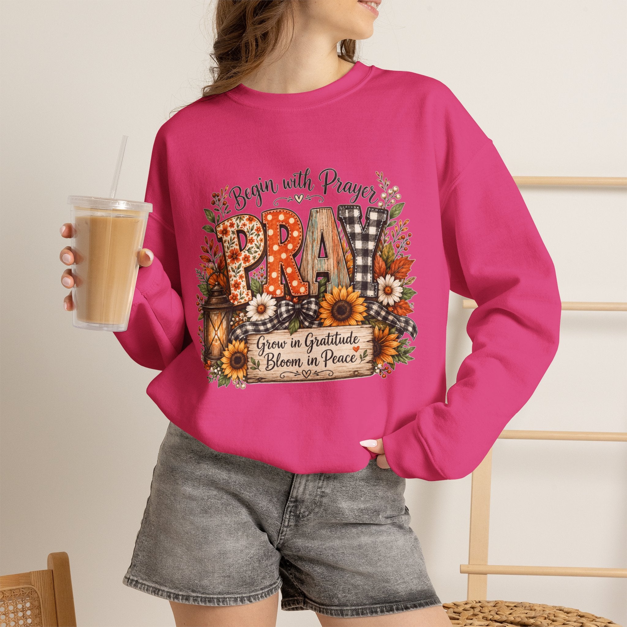 Begin with Prayer Sweatshirt – Floral Christian Faith Crewneck