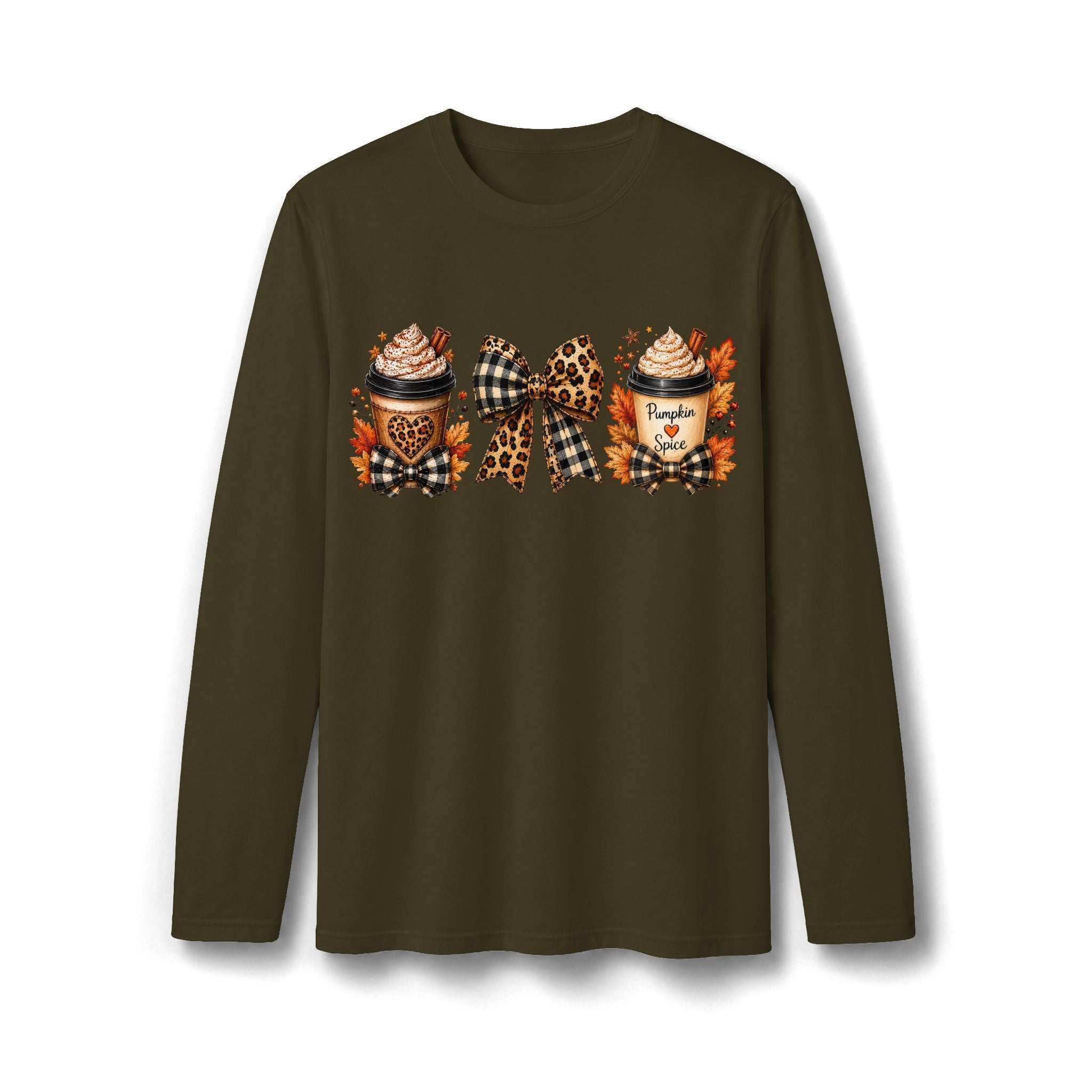 Autumn Pumpkin Spice & Plaid Bow Long Sleeve T-Shirt