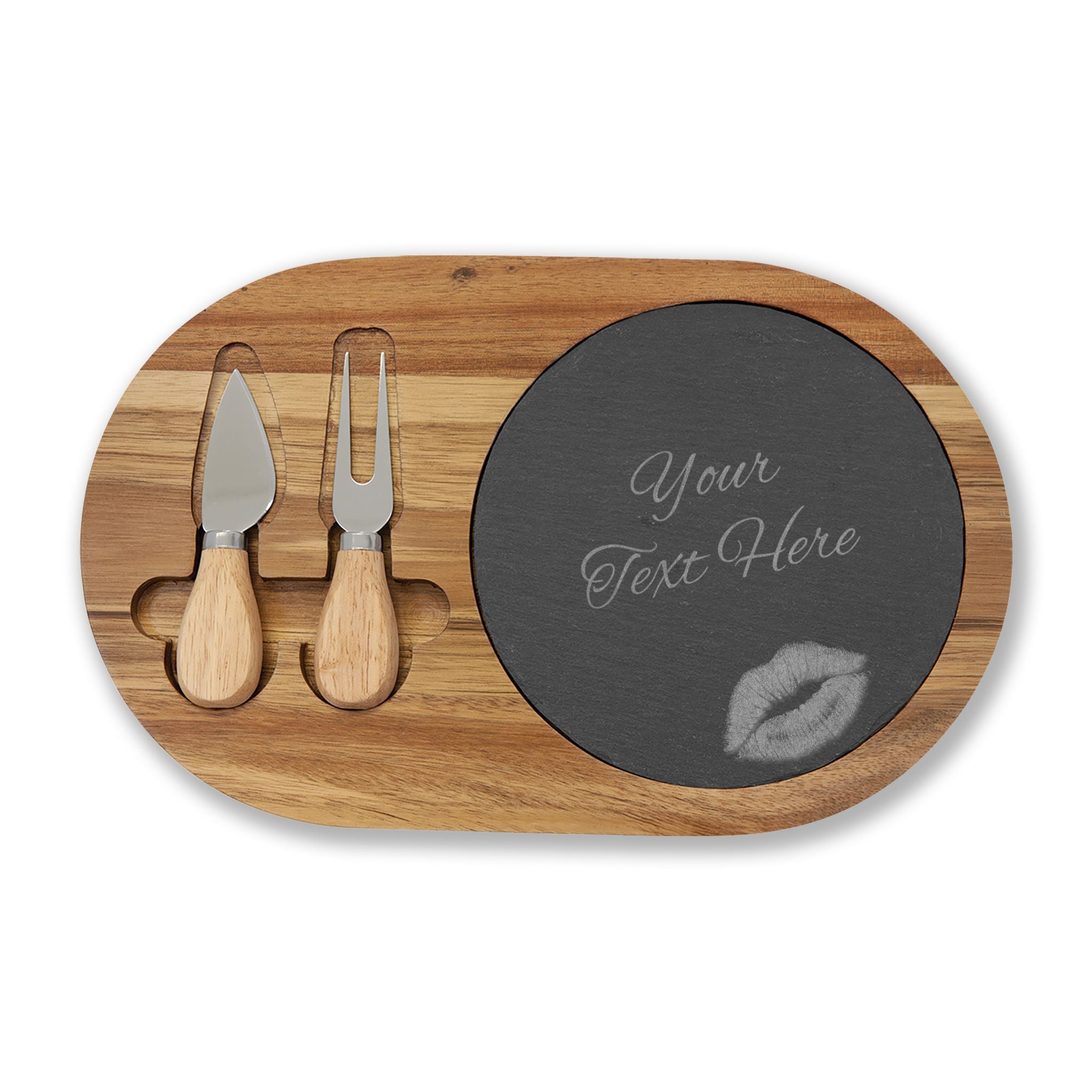 Engraved acacia charcuterie board with removable slate inlay and heart flame design, featuring integrated cheese knife slots