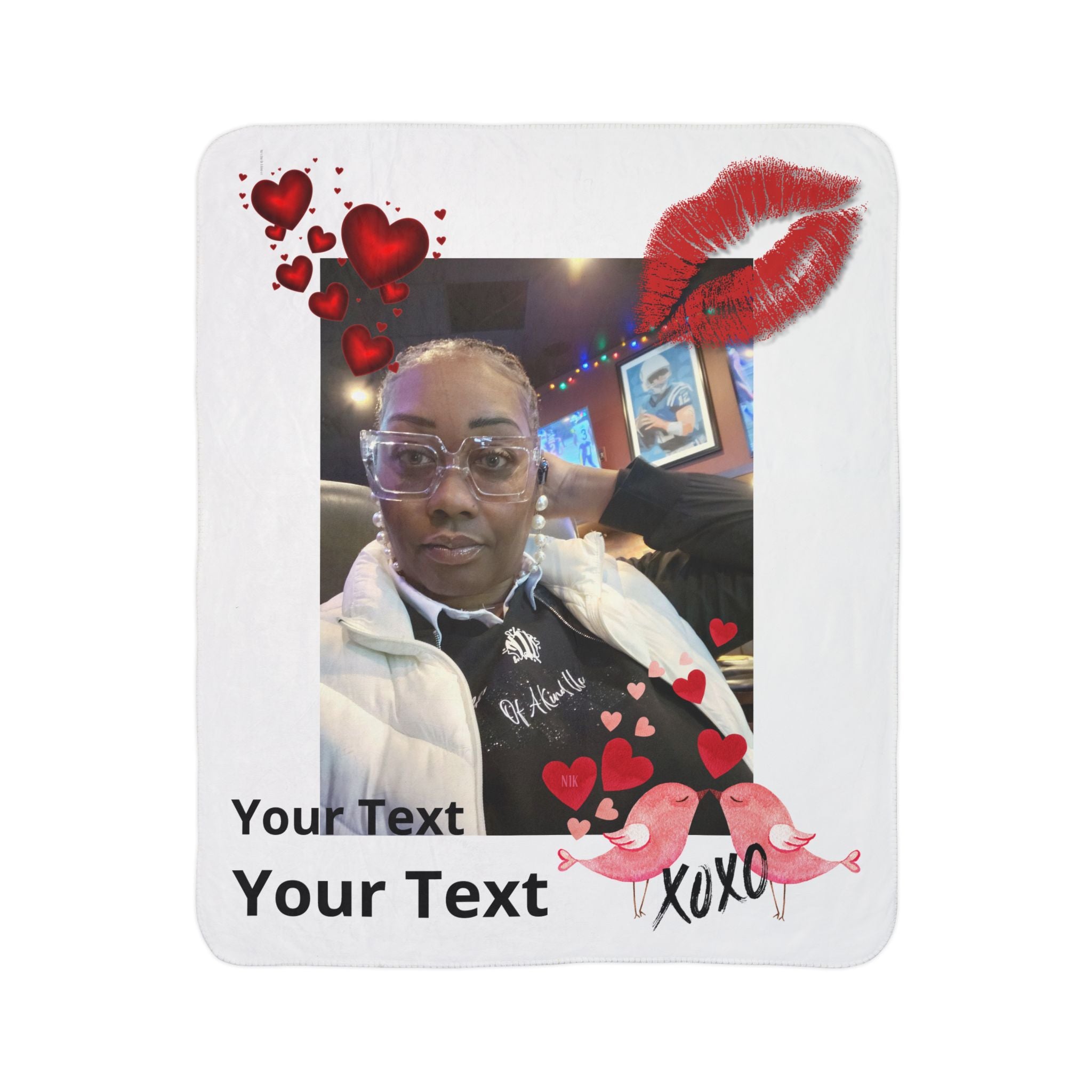 Coperta in pile Sherpa personalizzata con foto e testo per San Valentino – Design personalizzato "XOXO" Amore con testo