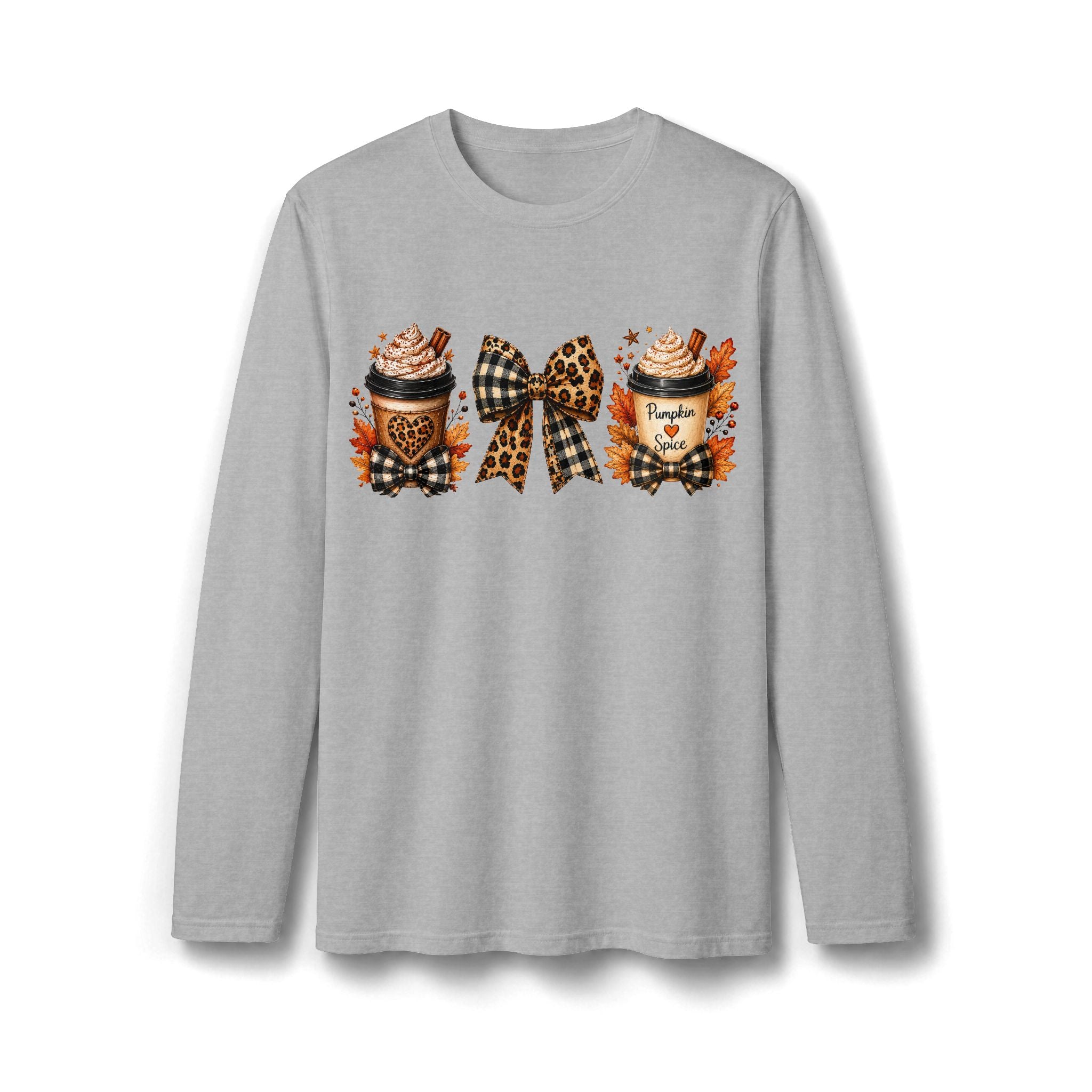 Autumn Pumpkin Spice & Plaid Bow Long Sleeve T-Shirt