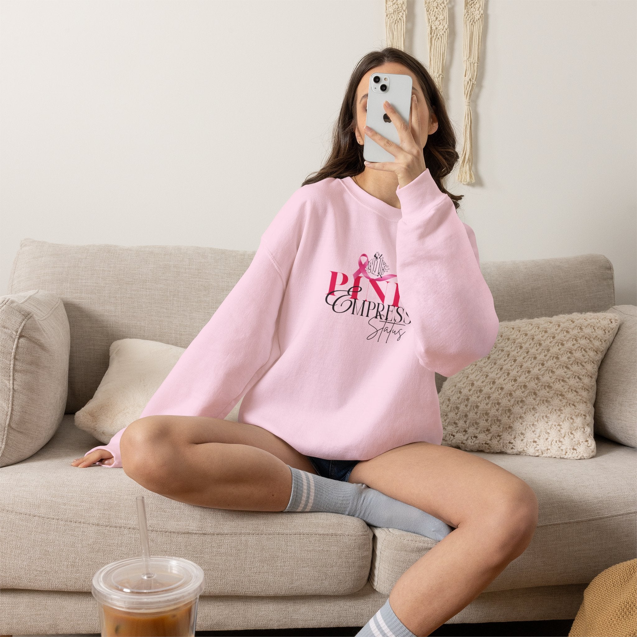 N1K Pink Empress Status Cancer Awareness Crewneck Sweatshirt - Pink Ribbon "PINK" Design