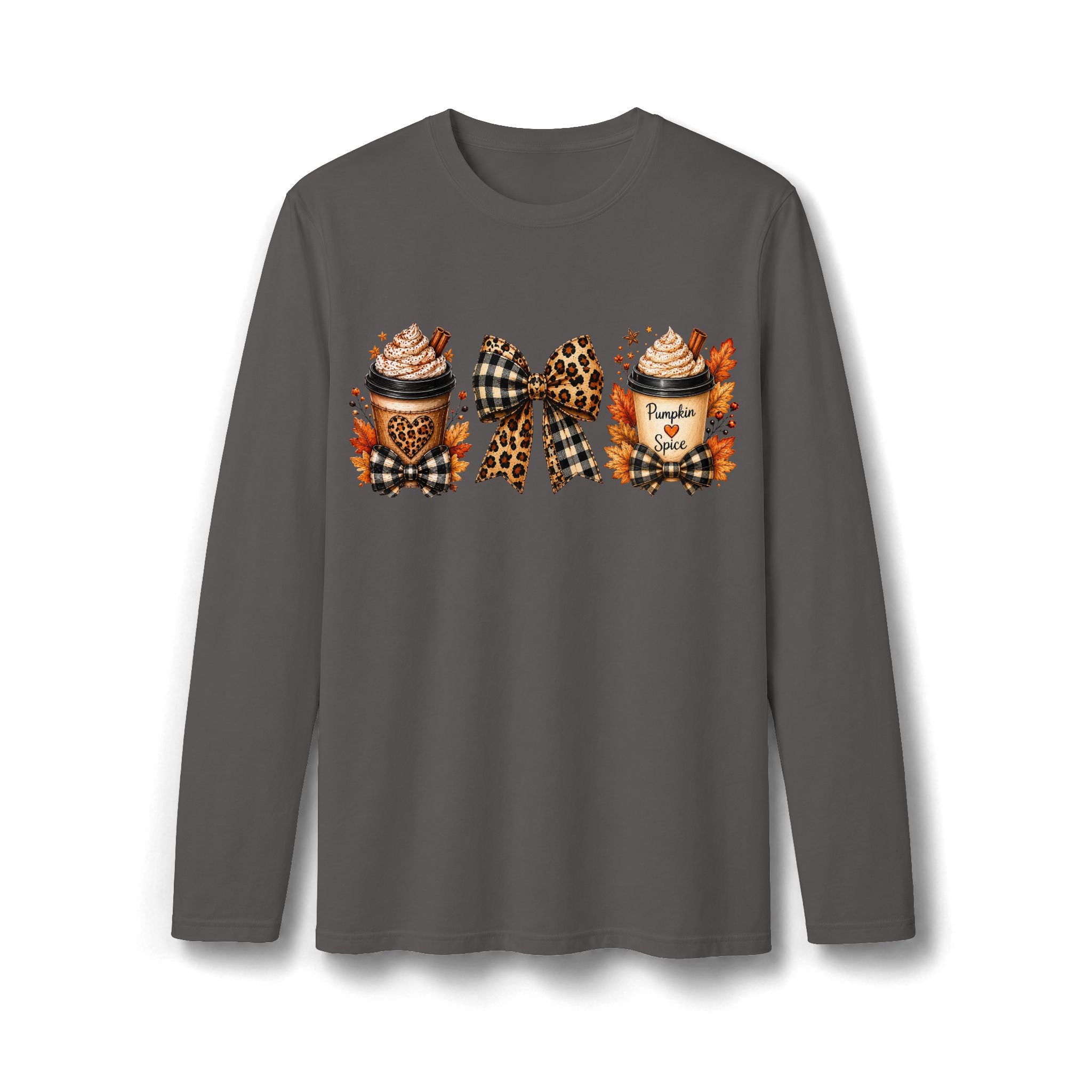 Autumn Pumpkin Spice & Plaid Bow Long Sleeve T-Shirt