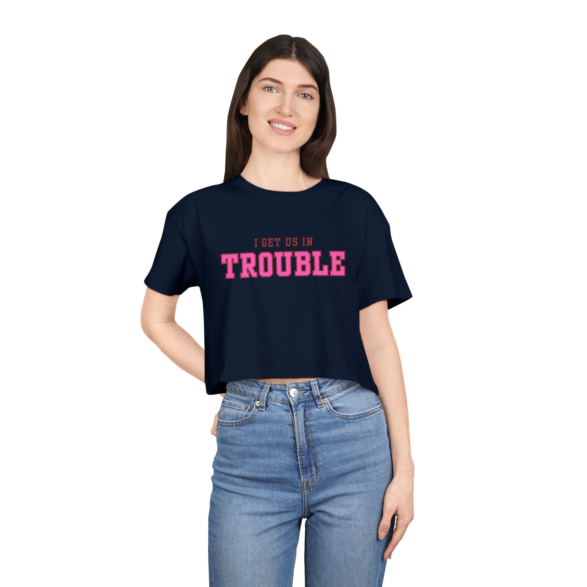 Trouble Maker Women's Crop Tee, Funny Quote Shirt, Casual Summer Top, Gift for Her, Trendy Graphic Tee