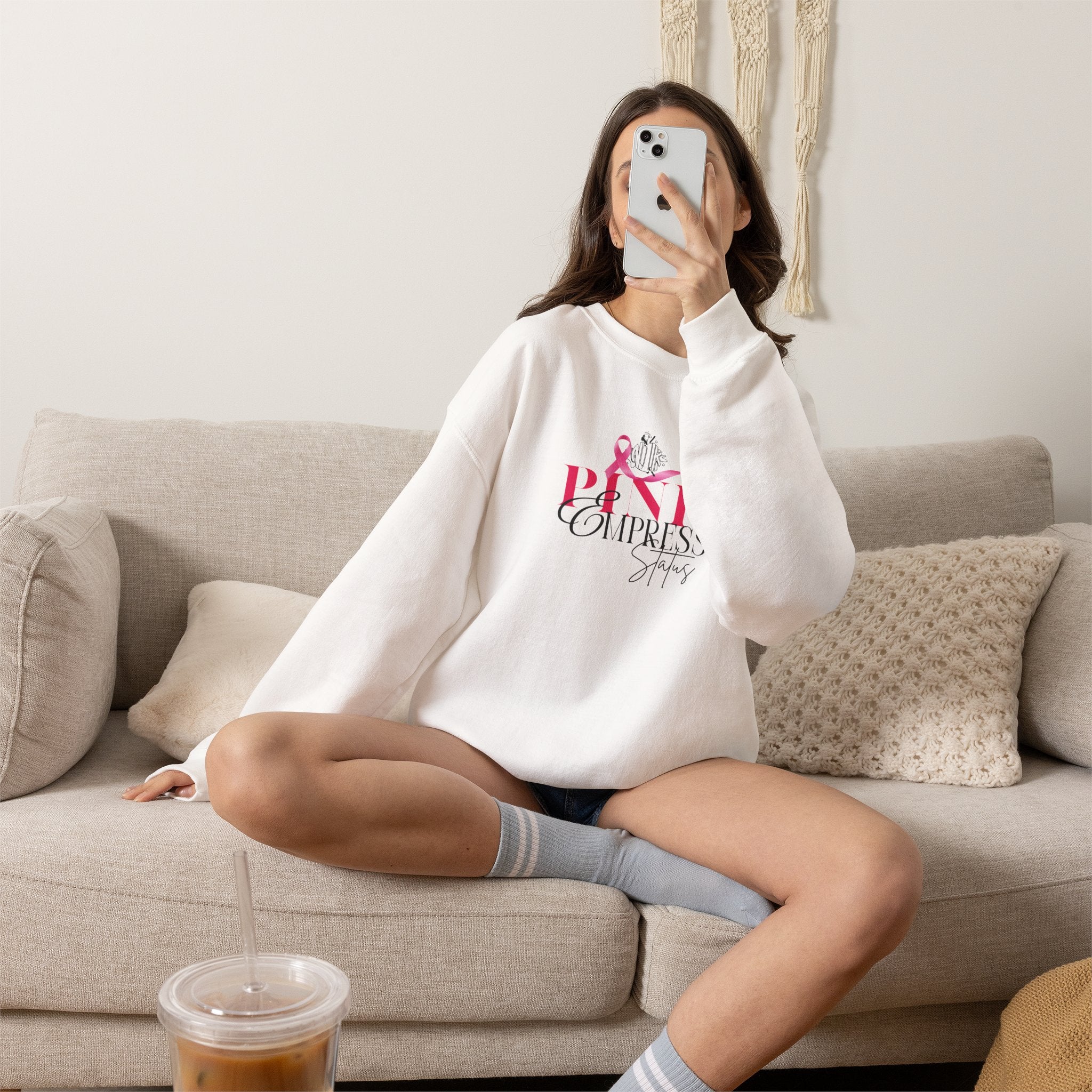 N1K Pink Empress Status Cancer Awareness Crewneck Sweatshirt - Pink Ribbon "PINK" Design