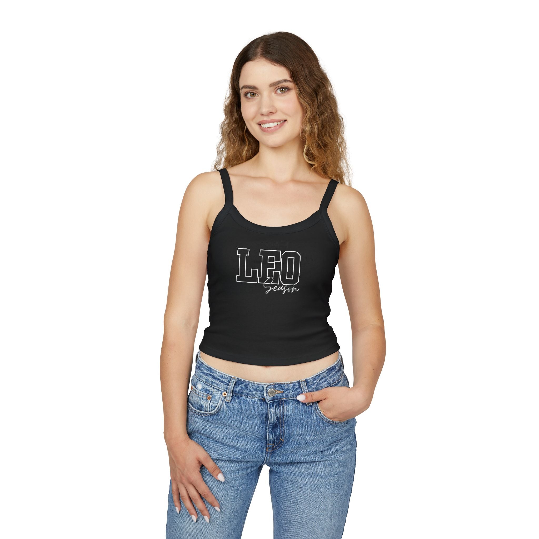 Women's Spaghetti Strap Tank Top with Leo Design, Summer Vacation Top, Zodiac Sign Apparel, Casual Wear, Gift for Astrology Lovers