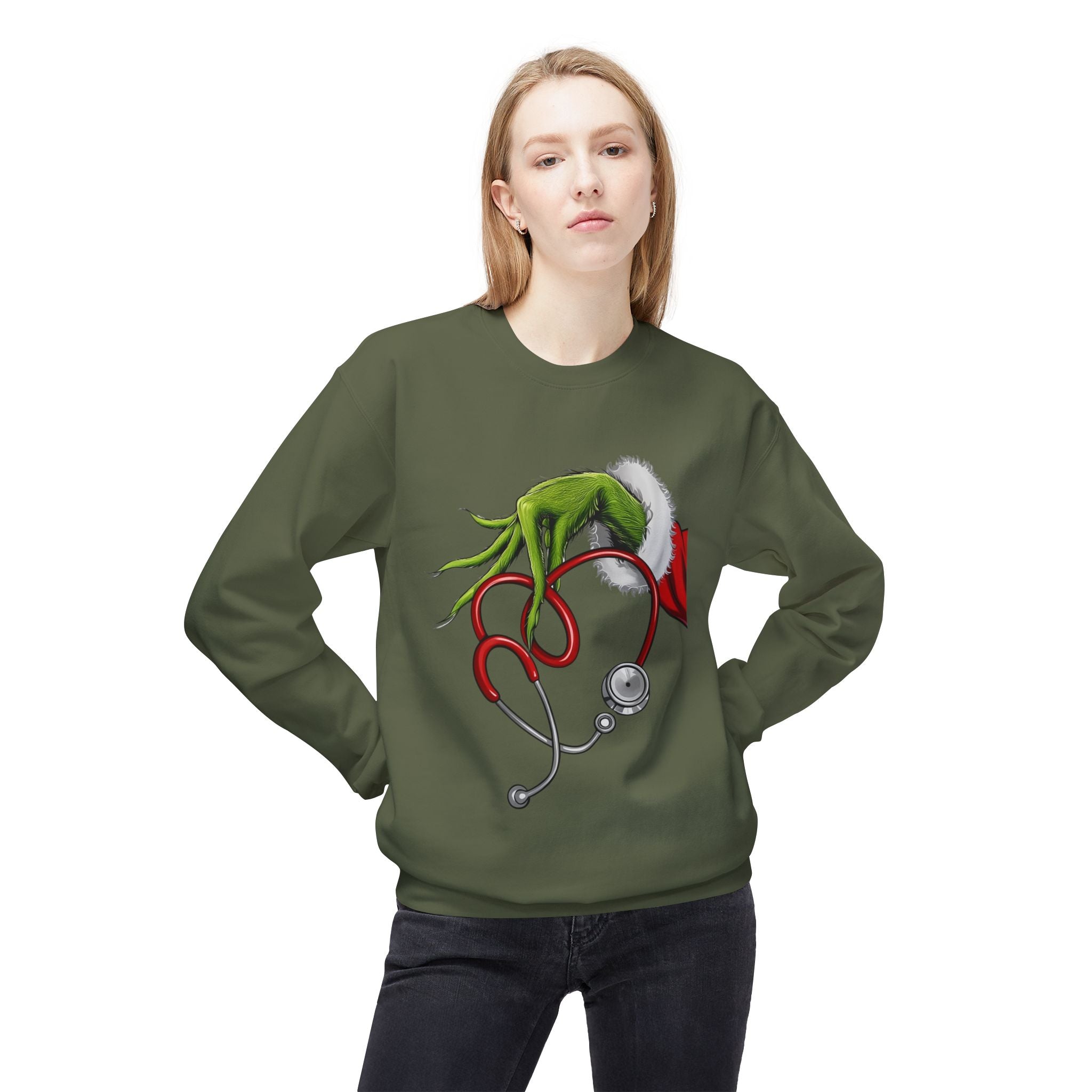 Nurse Christmas Crewneck Sweatshirt — Stethoscope Heart Holiday SweatsSweatshirtGrinch Nurse Holiday Sweatshirt
