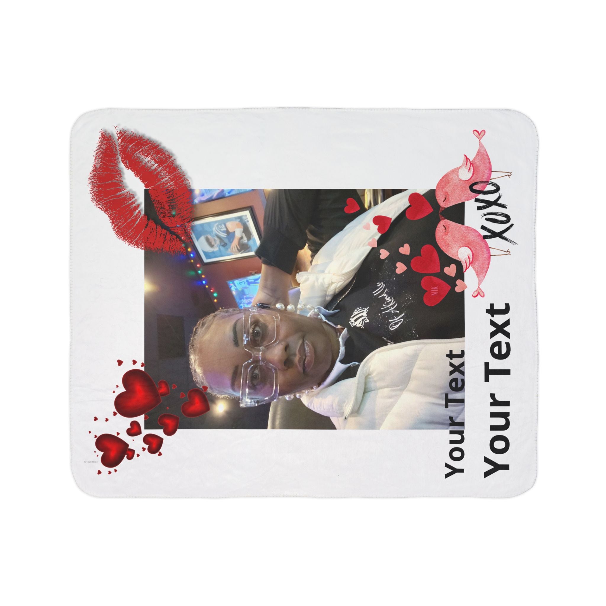 Coperta in pile Sherpa personalizzata con foto e testo per San Valentino – Design personalizzato "XOXO" Amore con testo
