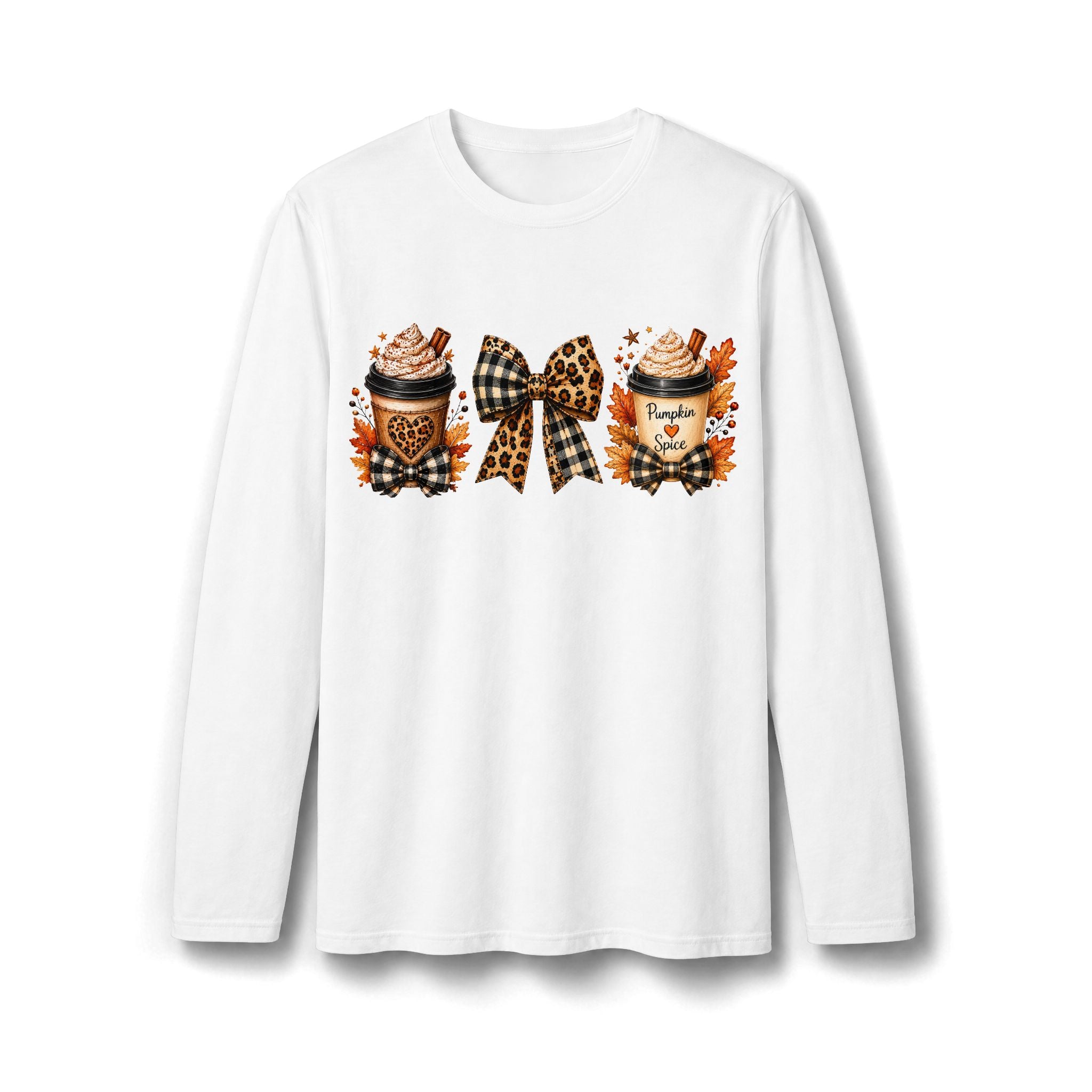 Autumn Pumpkin Spice & Plaid Bow Long Sleeve T-Shirt