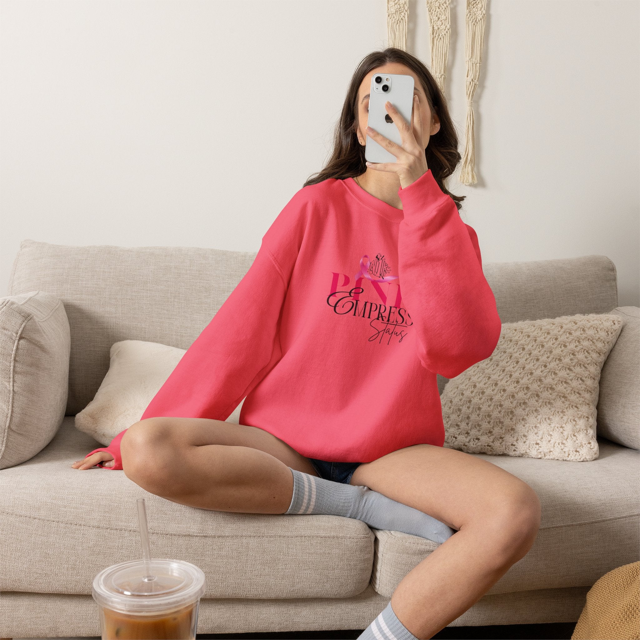 N1K Pink Empress Status Cancer Awareness Crewneck Sweatshirt - Pink Ribbon "PINK" Design