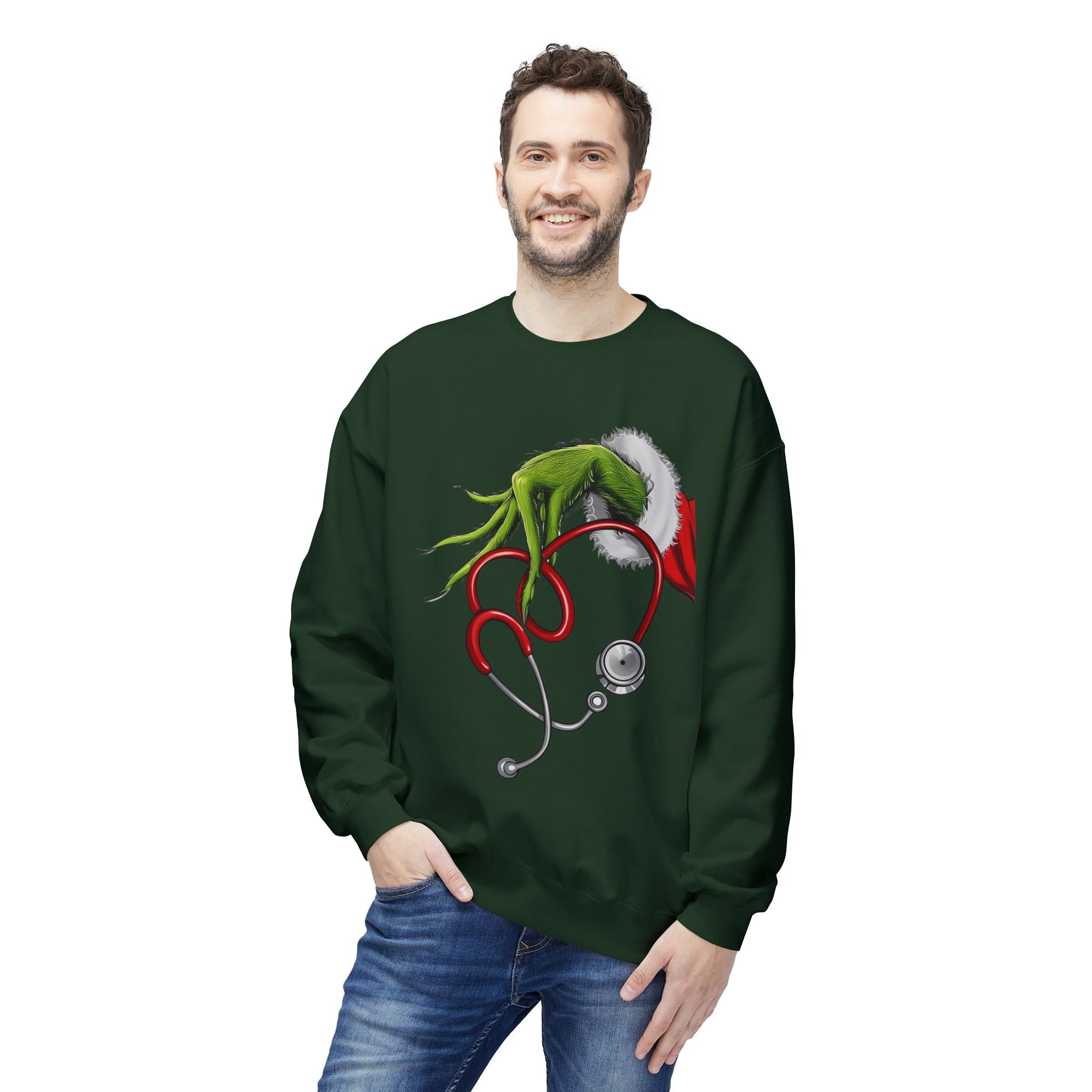 Nurse Christmas Crewneck Sweatshirt — Stethoscope Heart Holiday SweatsSweatshirtGrinch Nurse Holiday Sweatshirt