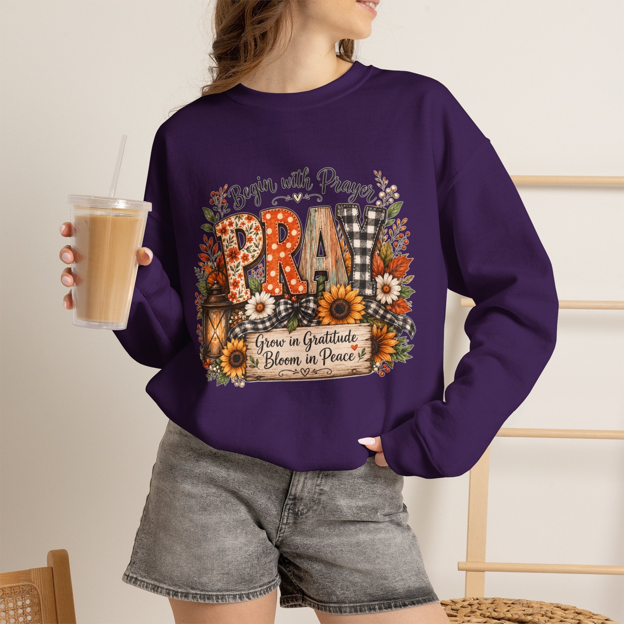 Begin with Prayer Sweatshirt – Floral Christian Faith Crewneck