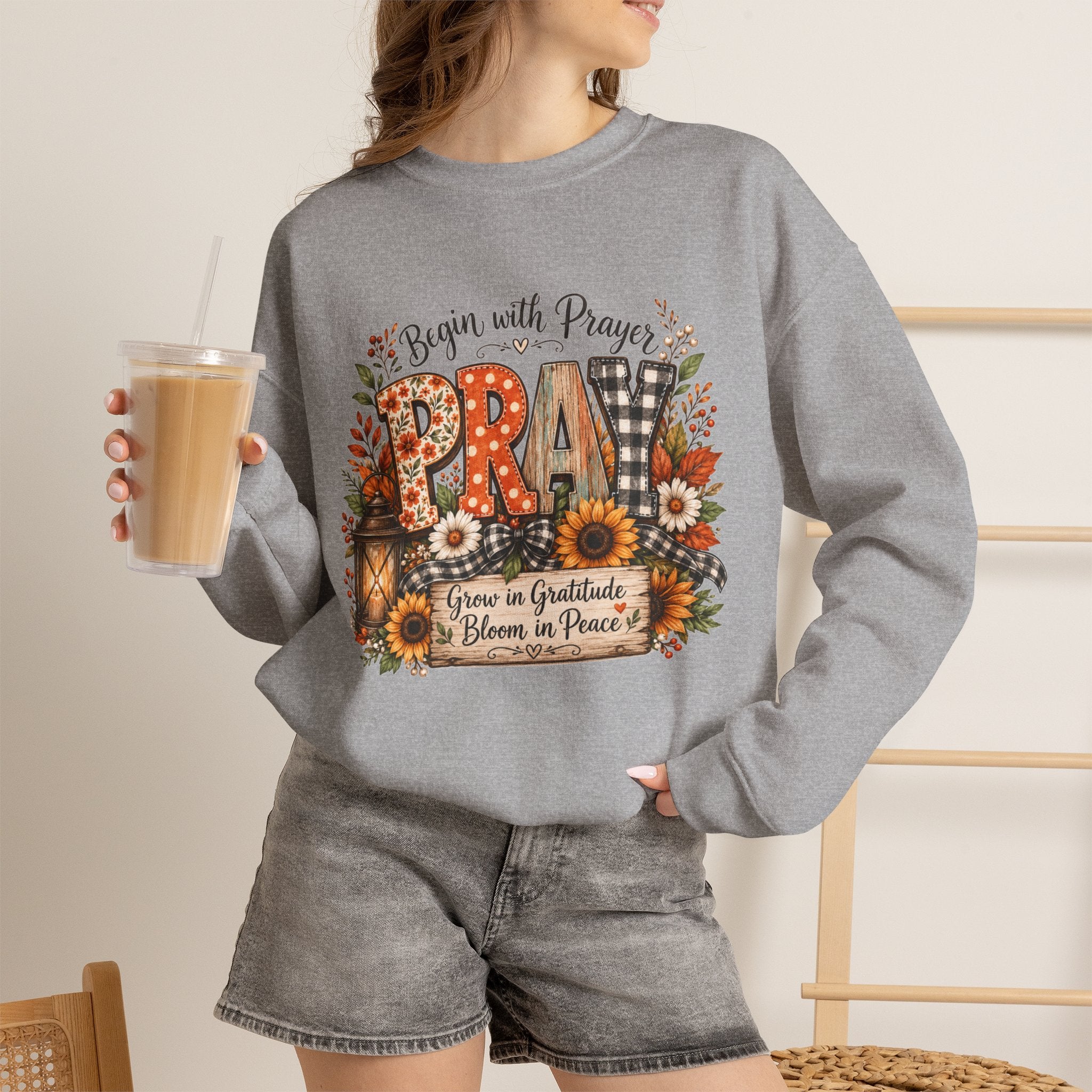 Begin with Prayer Sweatshirt – Floral Christian Faith Crewneck