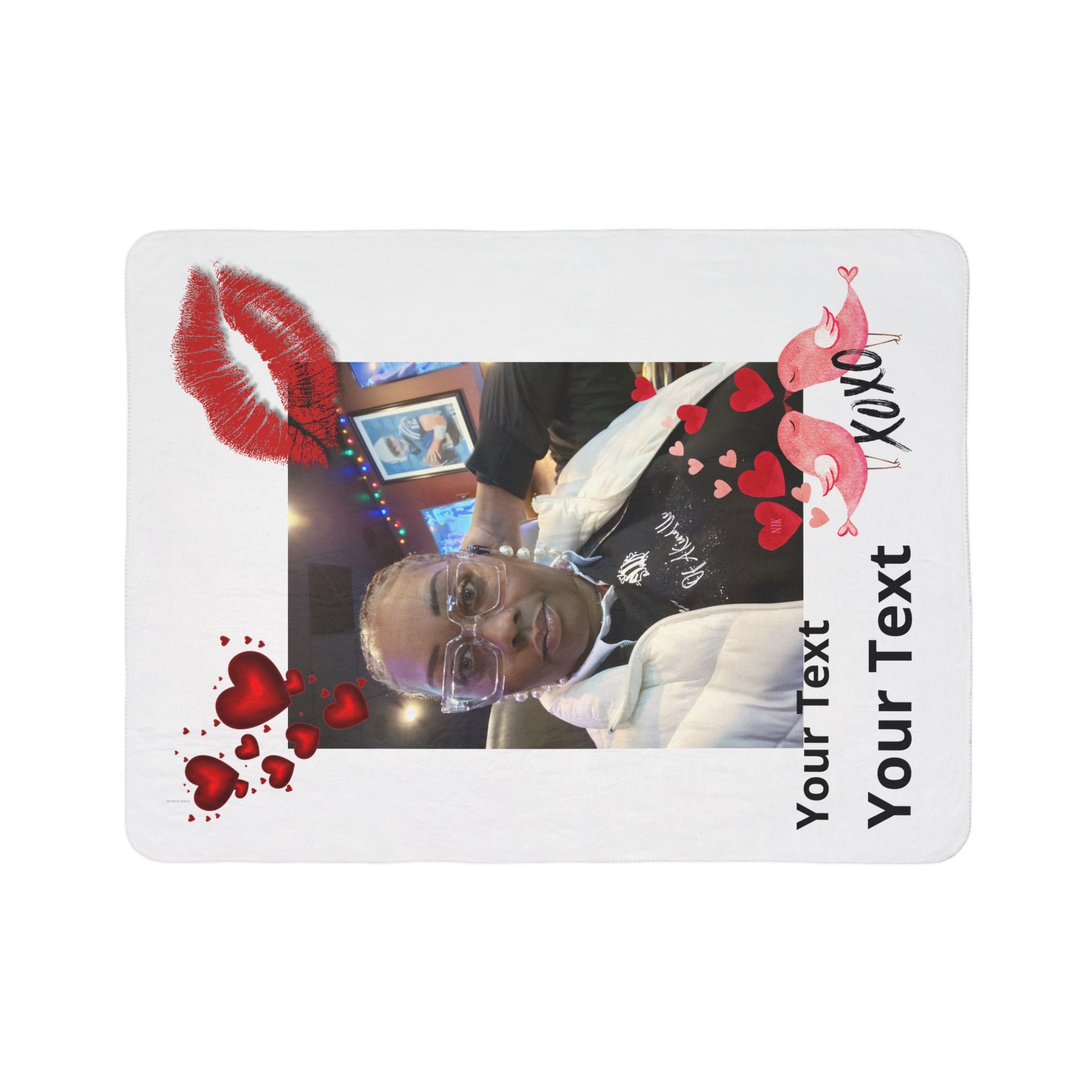 Coperta in pile Sherpa personalizzata con foto e testo per San Valentino – Design personalizzato "XOXO" Amore con testo
