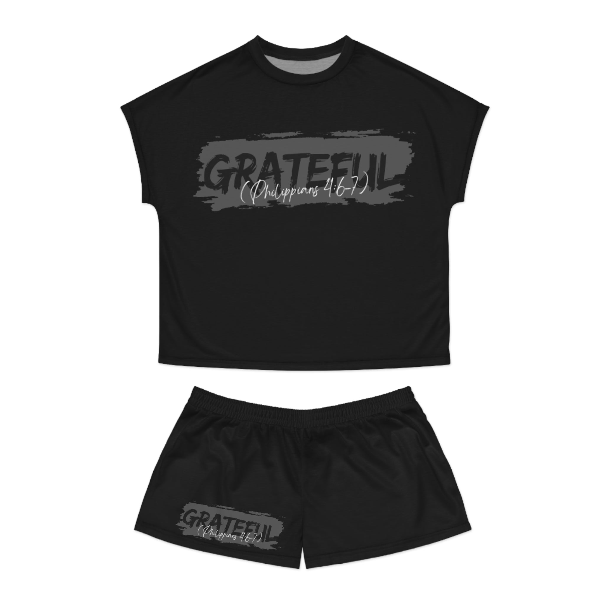 Grateful Scripture Pajama Set — Women's Black Short Sleepwear (PhilippAll Over PrintsGrateful Scripture Pajama Set