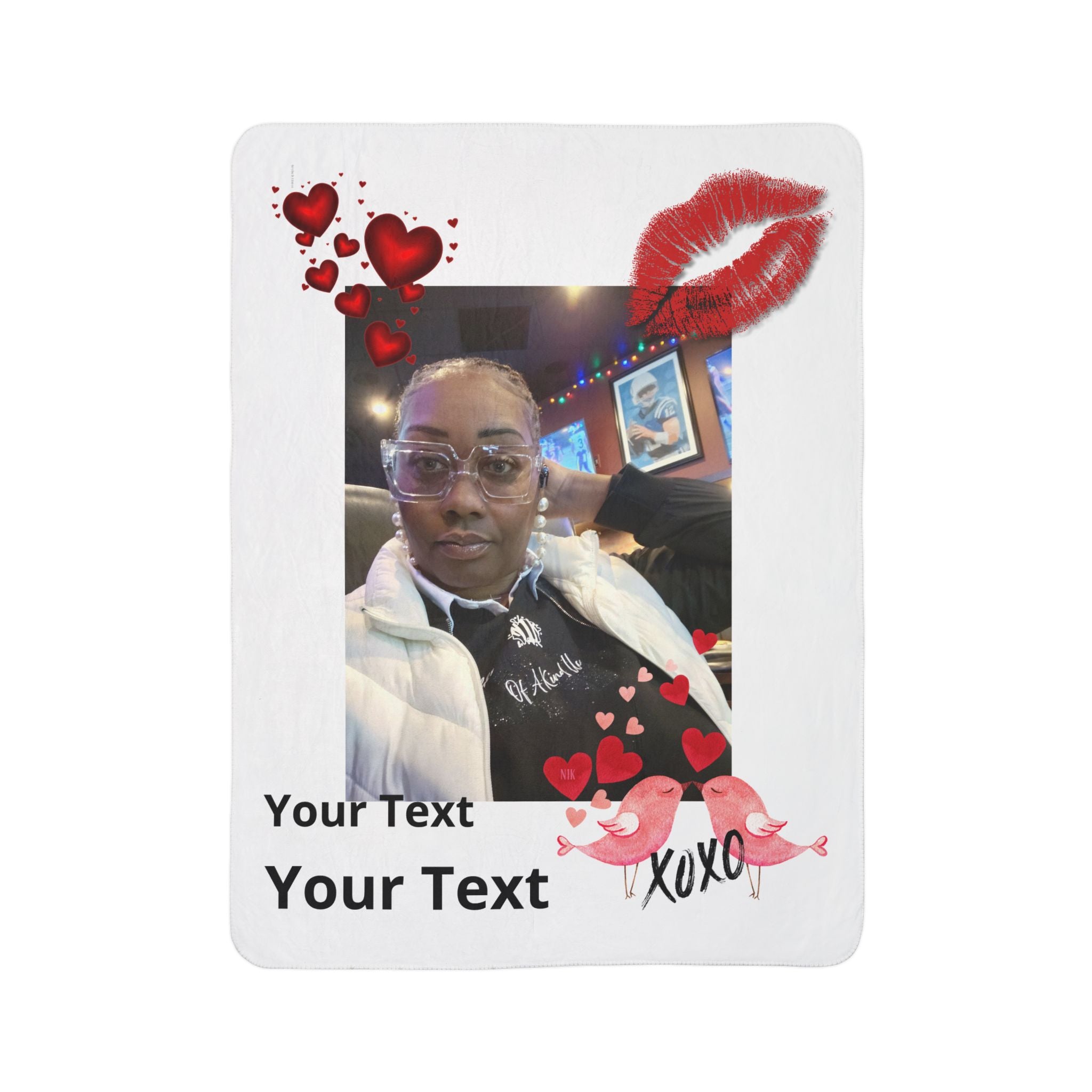 Coperta in pile Sherpa personalizzata con foto e testo per San Valentino – Design personalizzato "XOXO" Amore con testo