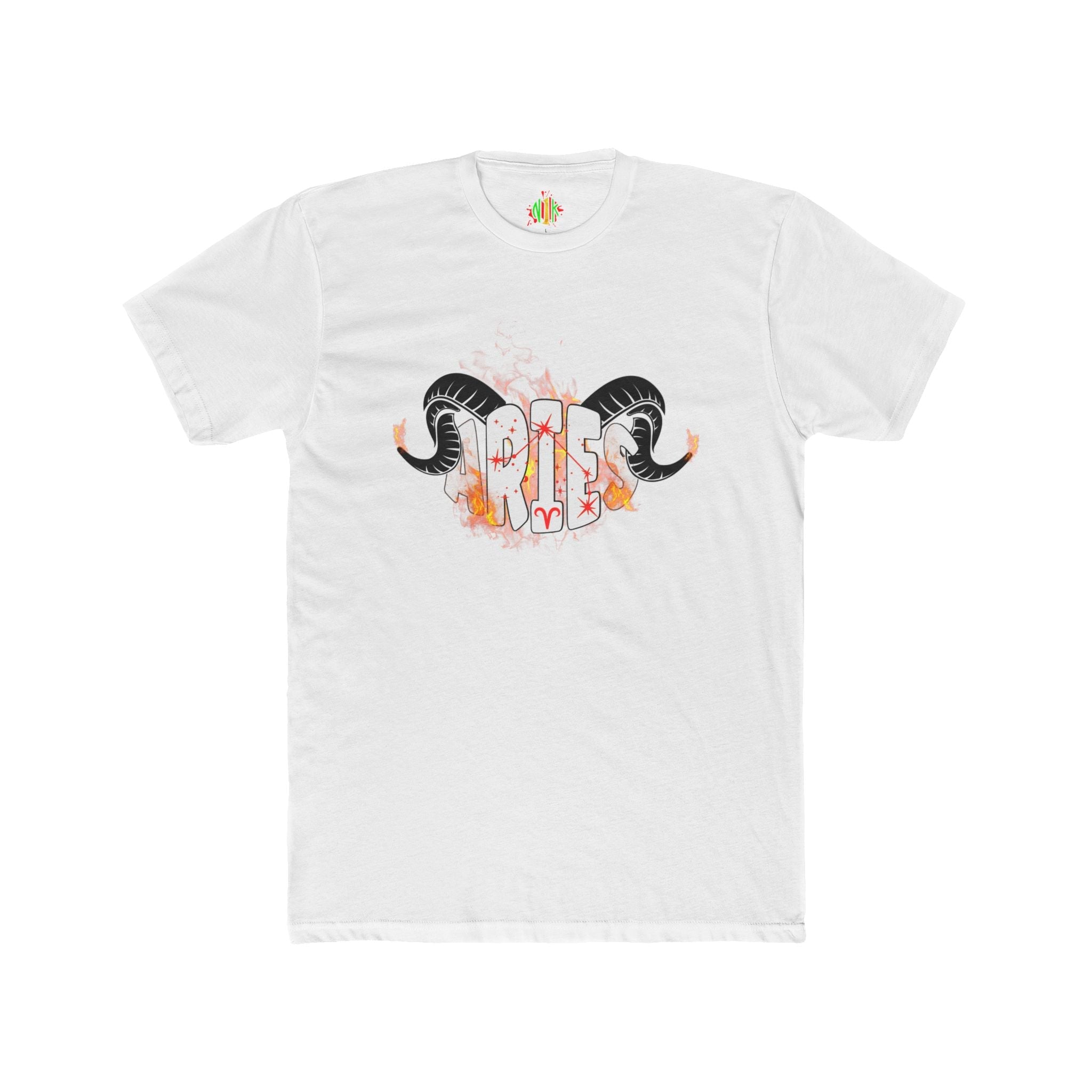 Aries on Fire unisex cotton crew tee with premium fitted design and size guide table