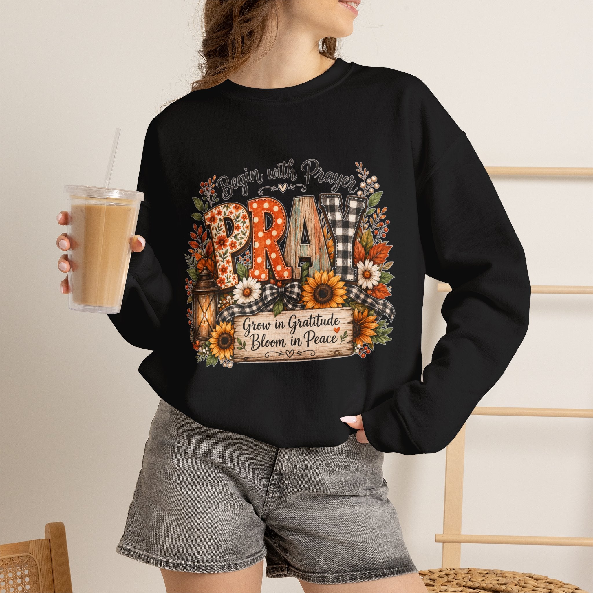 Begin with Prayer Sweatshirt – Floral Christian Faith Crewneck