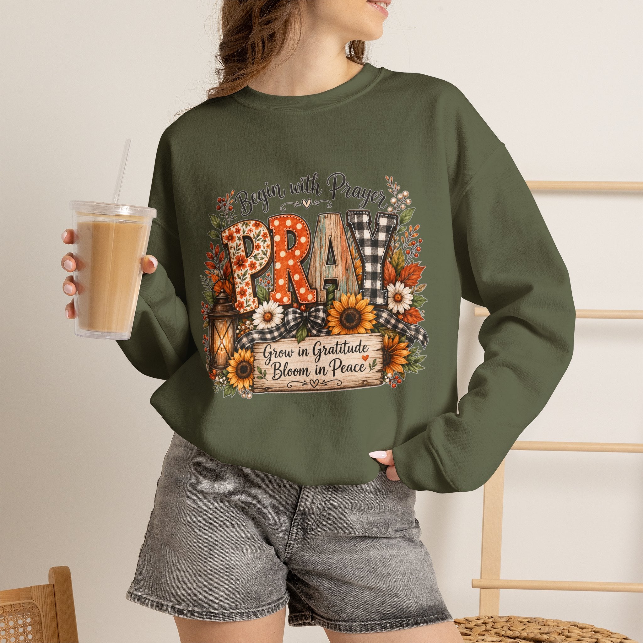 Begin with Prayer Sweatshirt – Floral Christian Faith Crewneck