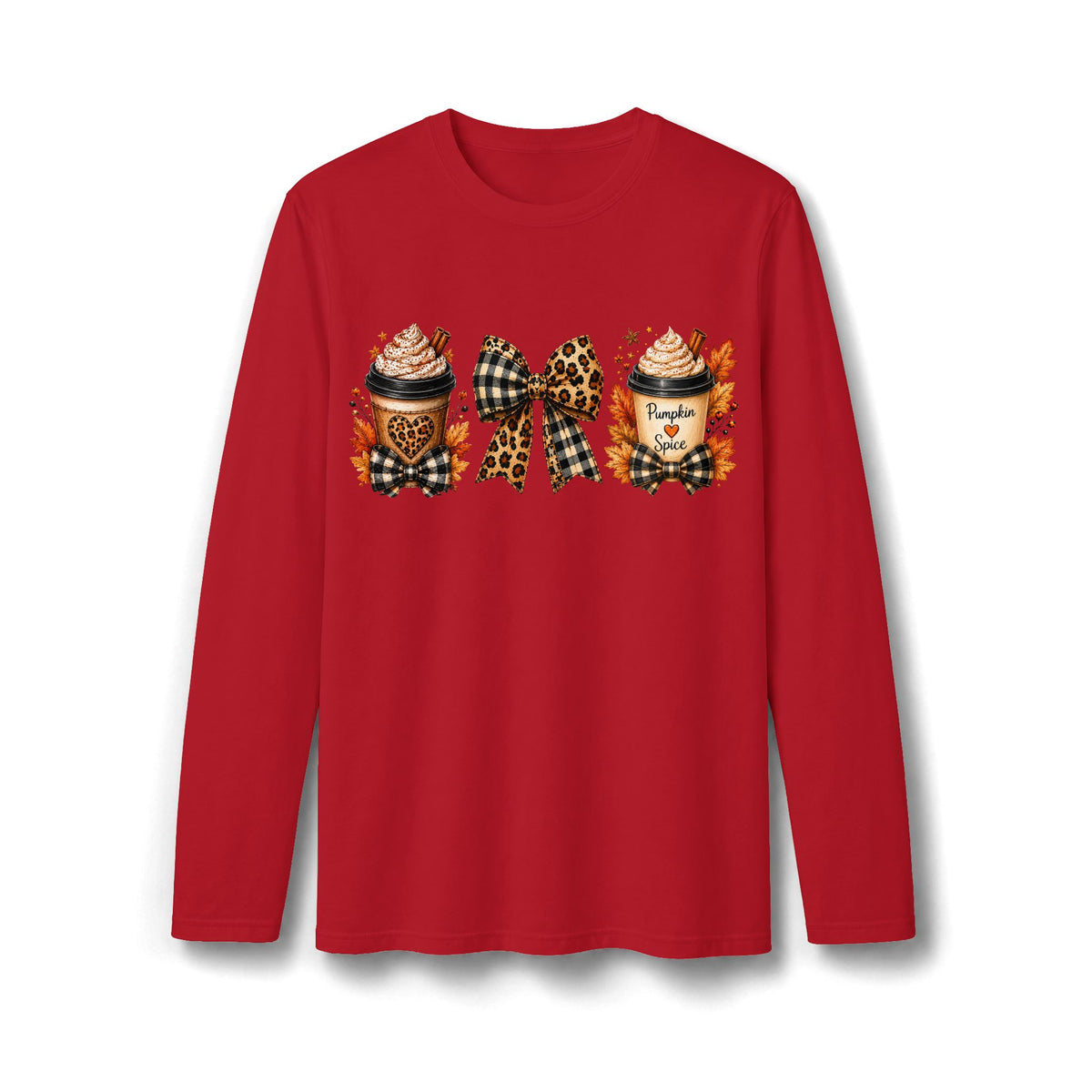 Autumn Pumpkin Spice & Plaid Bow Long Sleeve T-Shirt