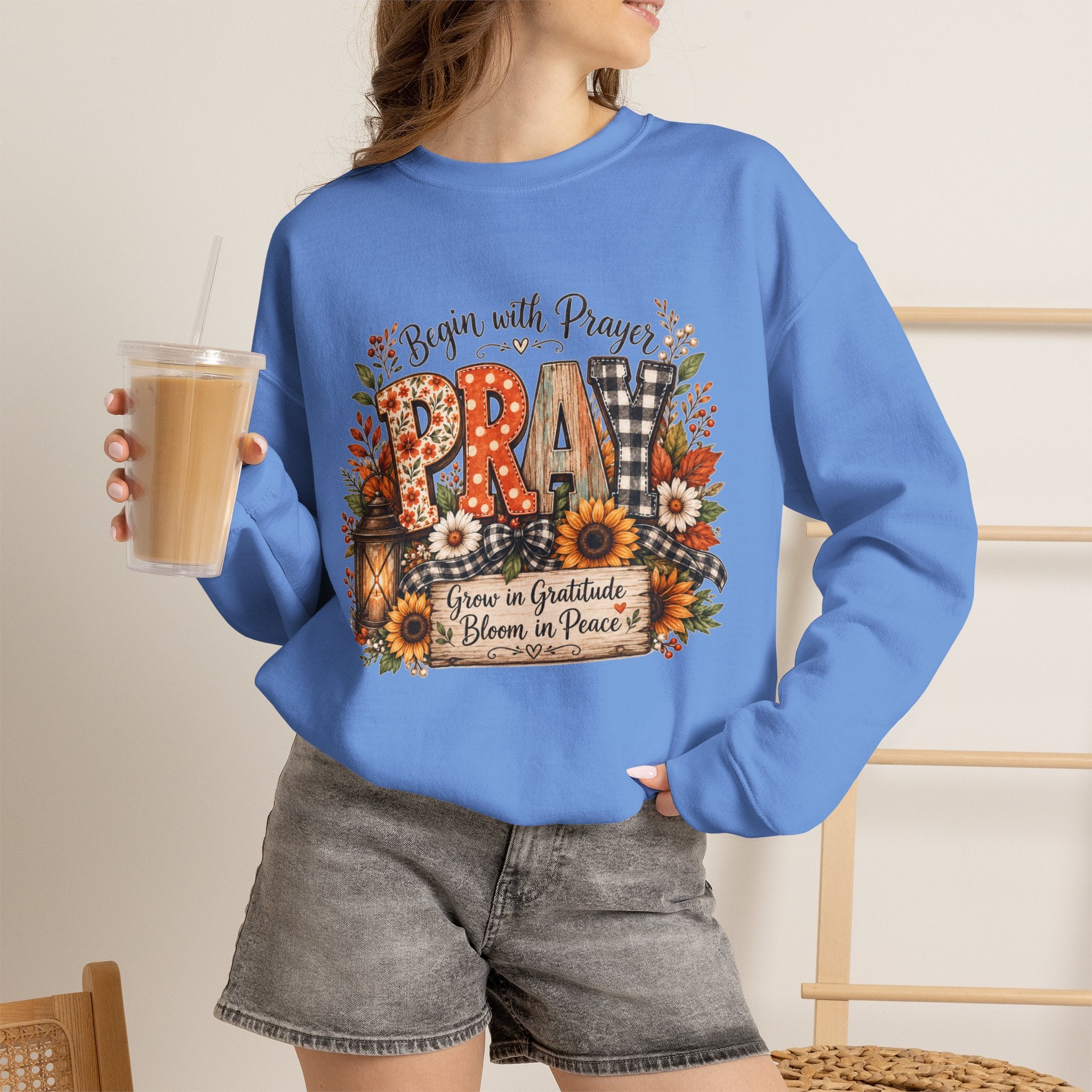 Begin with Prayer Sweatshirt – Floral Christian Faith Crewneck