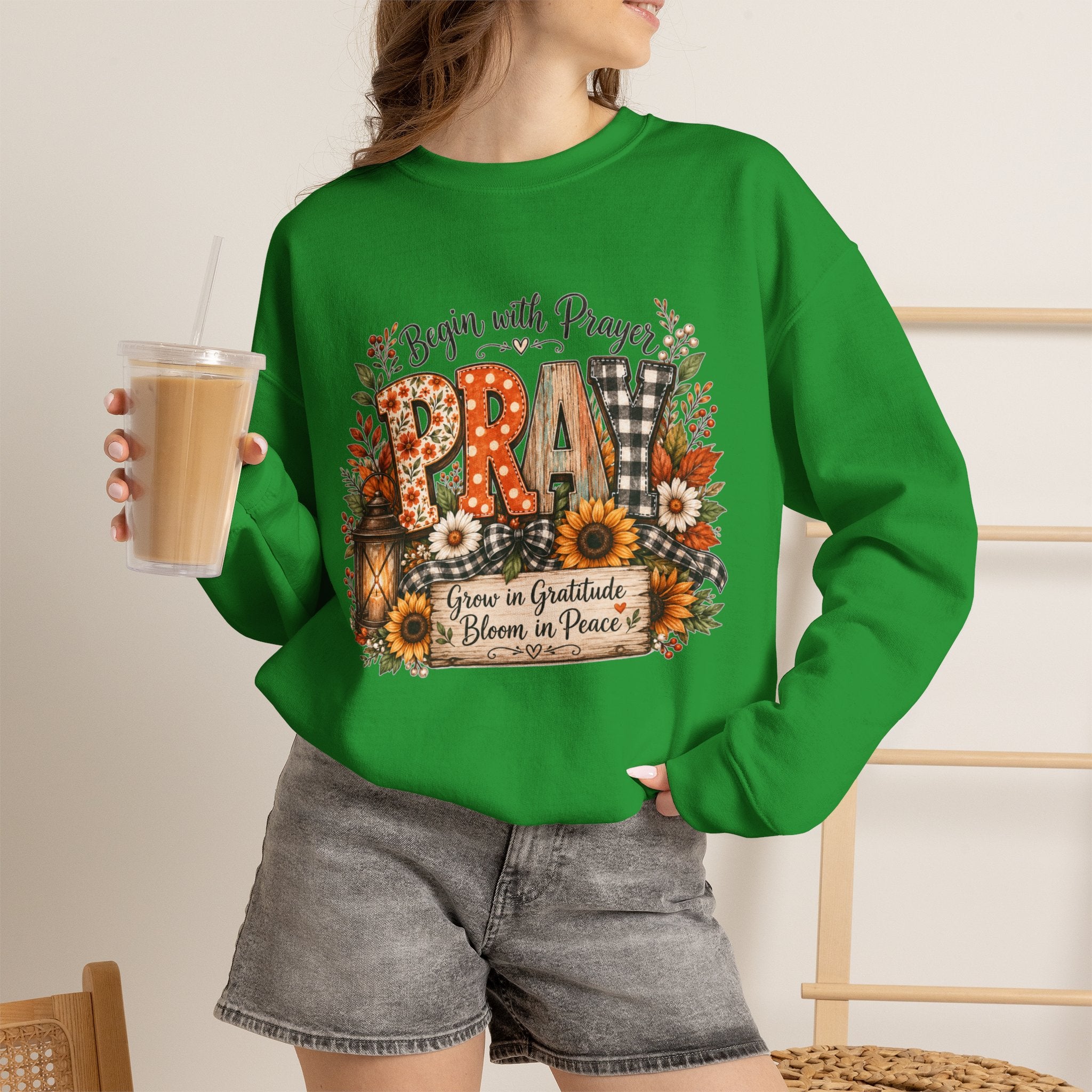 Begin with Prayer Sweatshirt – Floral Christian Faith Crewneck
