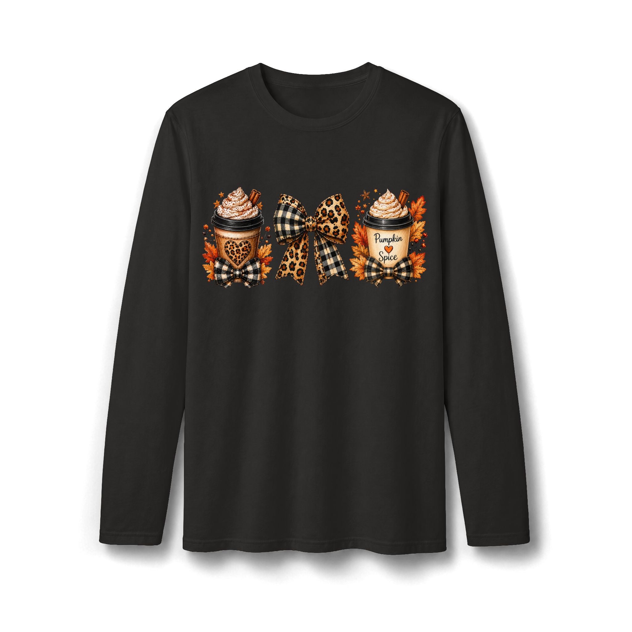 Autumn Pumpkin Spice & Plaid Bow Long Sleeve T-Shirt