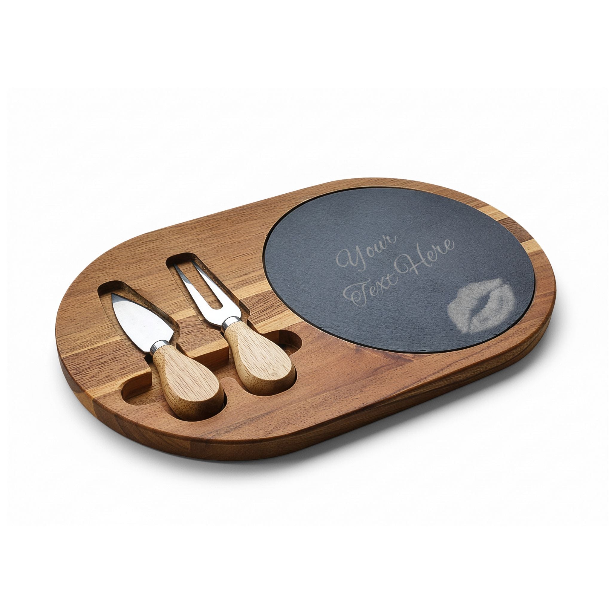 Engraved Acacia Charcuterie Board with removable slate and heart flame design