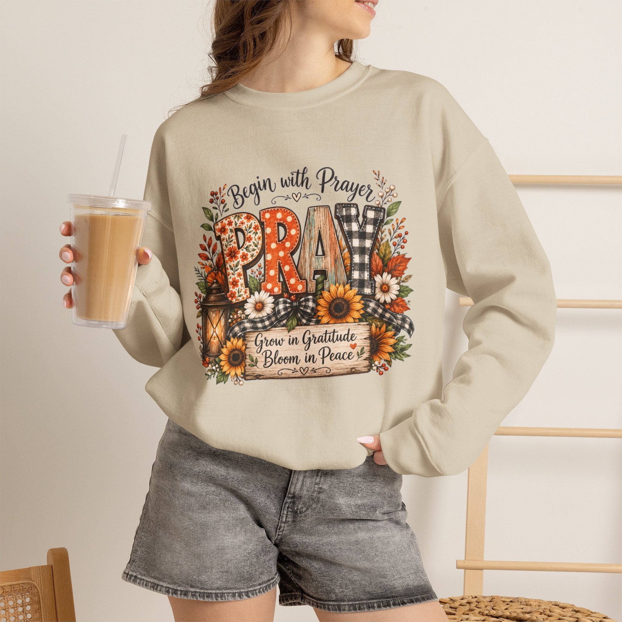 Begin with Prayer Sweatshirt – Floral Christian Faith Crewneck
