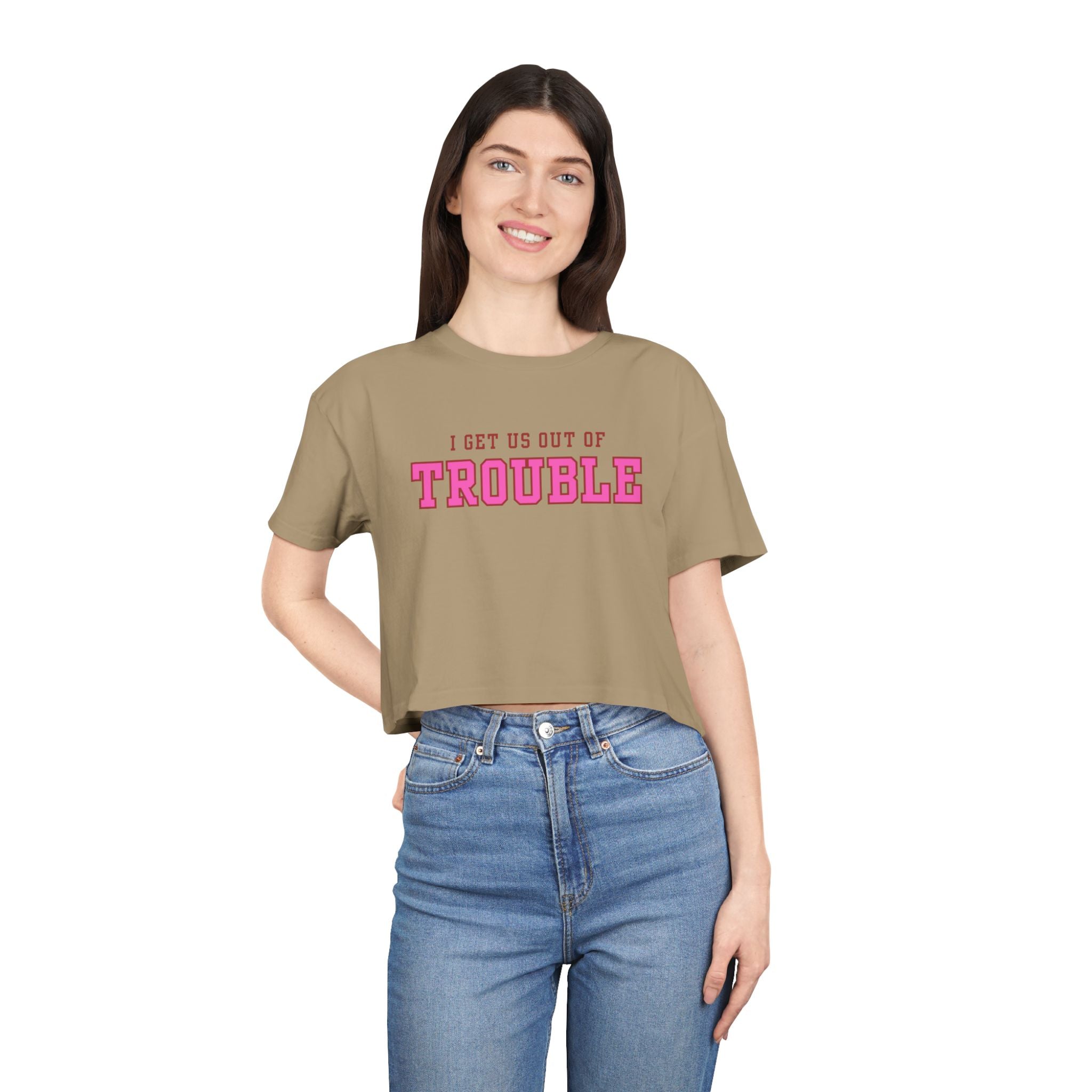 I get us out of Trouble Friends Women's Crop Tee, Funny Quote Shirt, Casual Summer Top, Gift for Her, Trendy Graphic Tee
