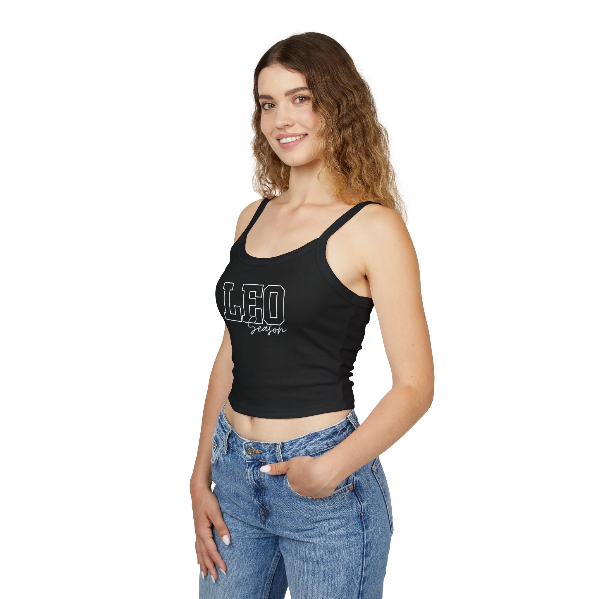 Women's Spaghetti Strap Tank Top with Leo Design, Summer Vacation Top, Zodiac Sign Apparel, Casual Wear, Gift for Astrology Lovers