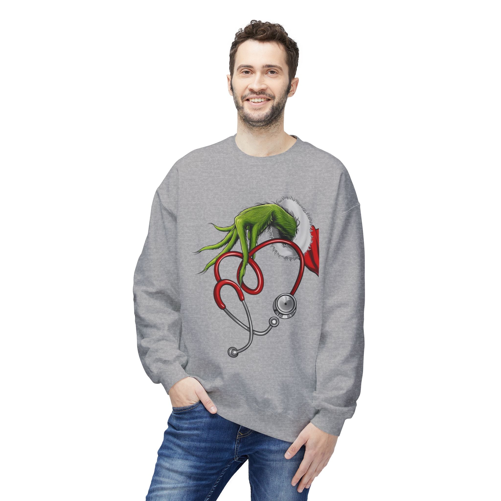 Nurse Christmas Crewneck Sweatshirt — Stethoscope Heart Holiday SweatsSweatshirtGrinch Nurse Holiday Sweatshirt