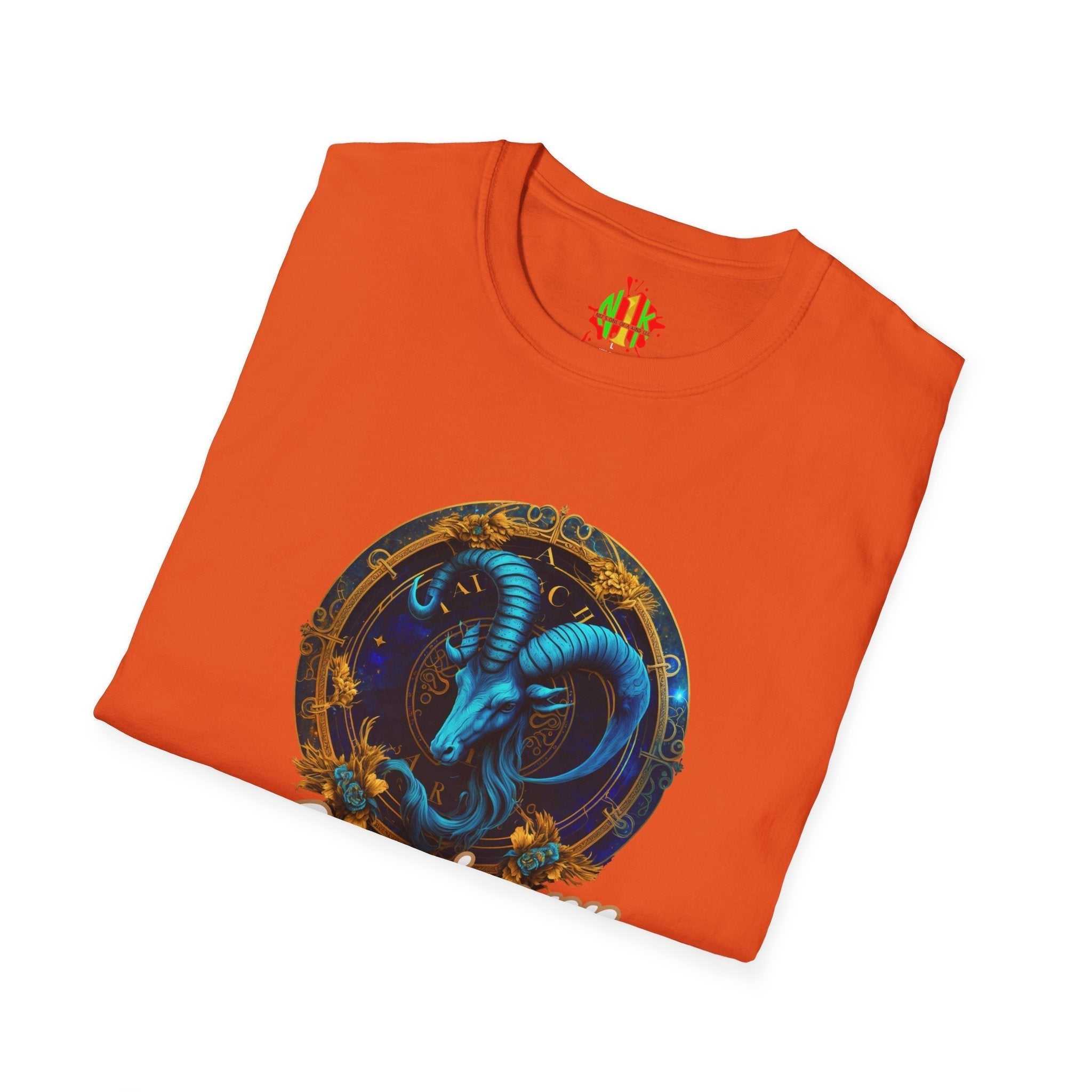 Capricorn Tee unisex soft-style cotton t-shirt with size guide and durable ribbed collar