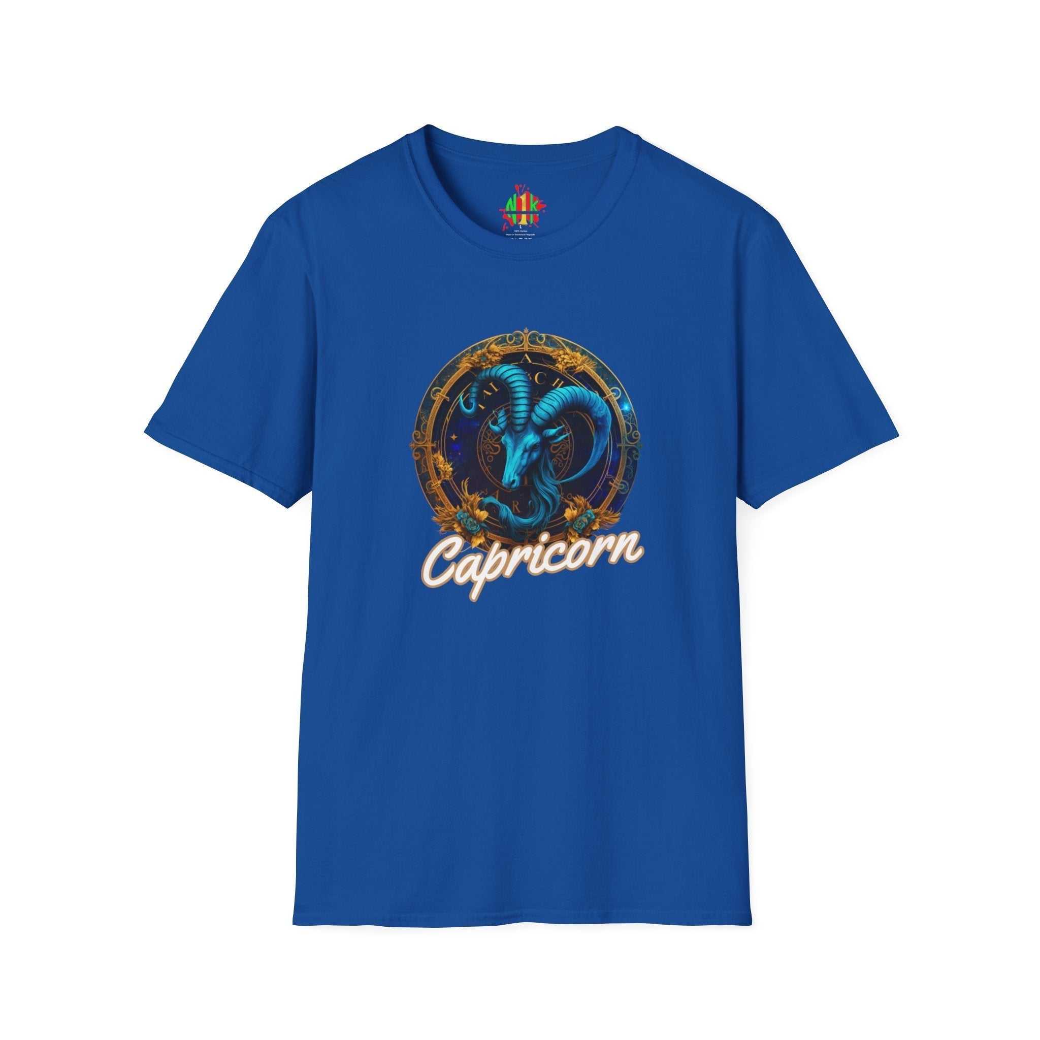 Capricorn Tee unisex soft-style cotton t-shirt with size guide and durable ribbed collar