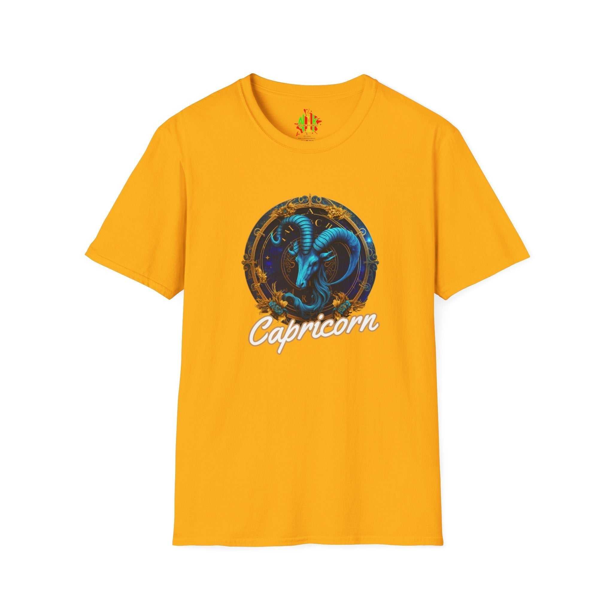 Capricorn Tee unisex soft-style cotton t-shirt with size guide and durable ribbed collar