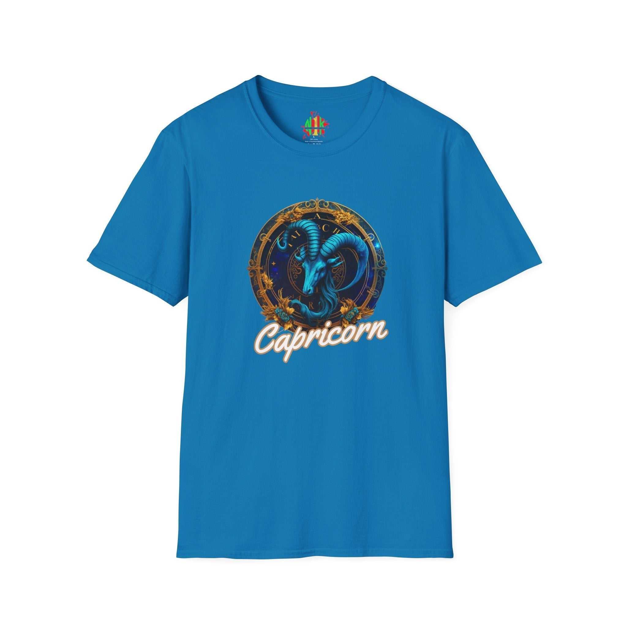Capricorn Tee unisex soft-style 100% cotton t-shirt size guide with durable ribbed collar and no side seams