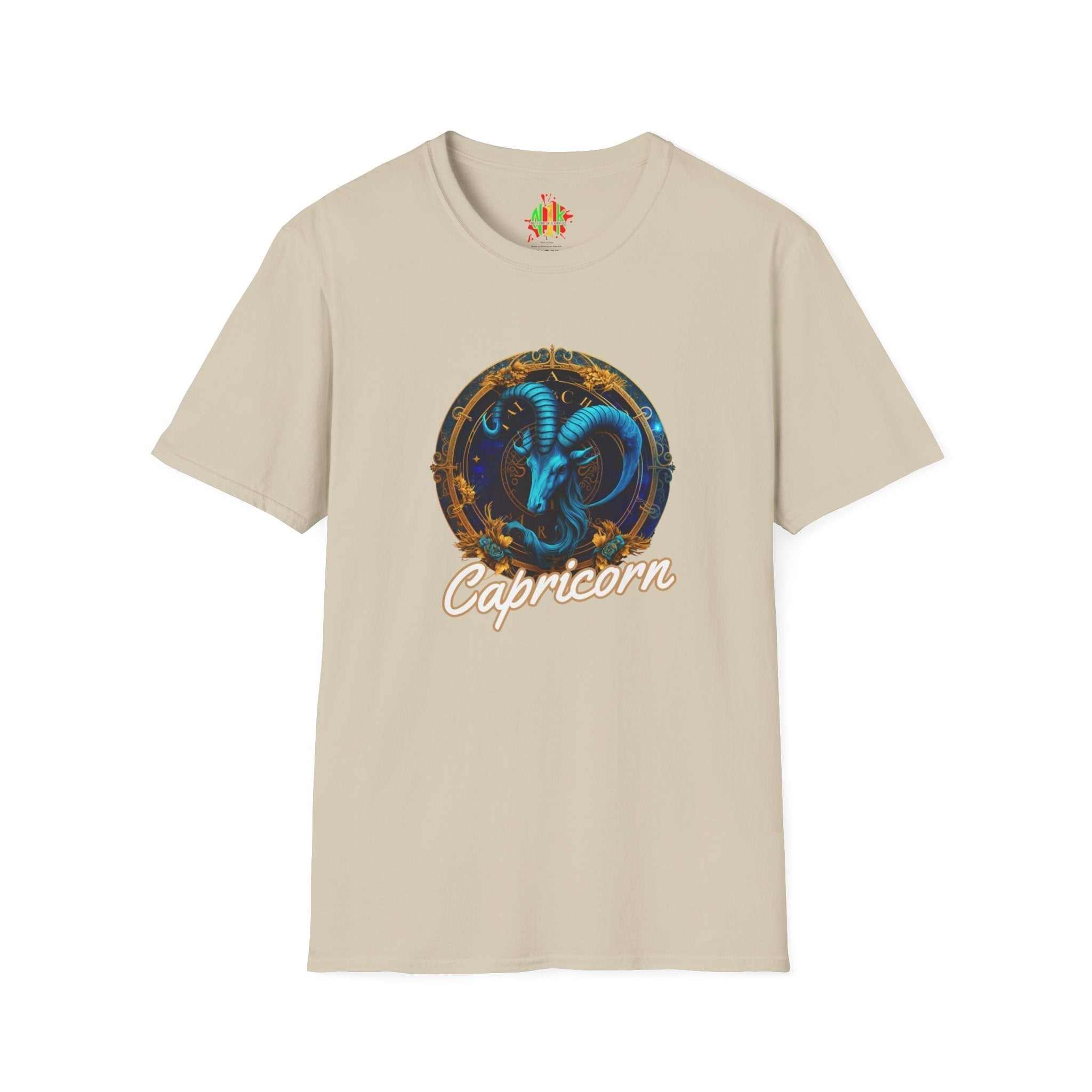 Capricorn Tee unisex soft-style cotton t-shirt with size guide and durable ribbed collar