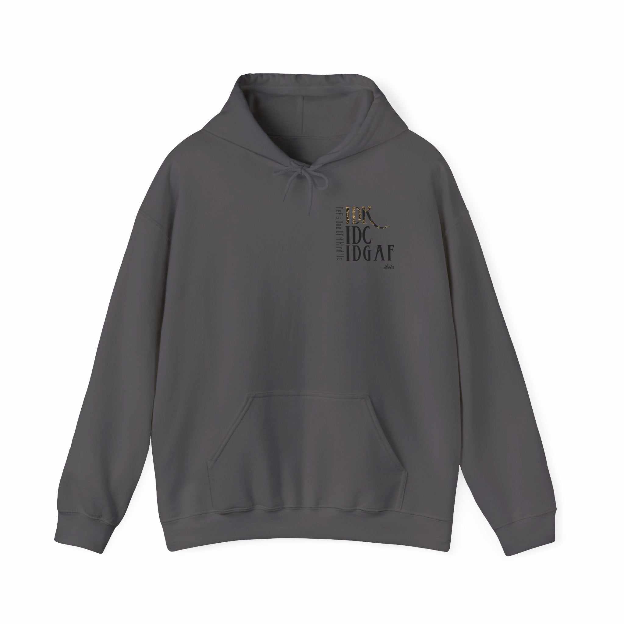 IDC Logo hoodie in black with kangaroo pocket and drawstring hood, unisex cotton-polyester blend sweatshirt