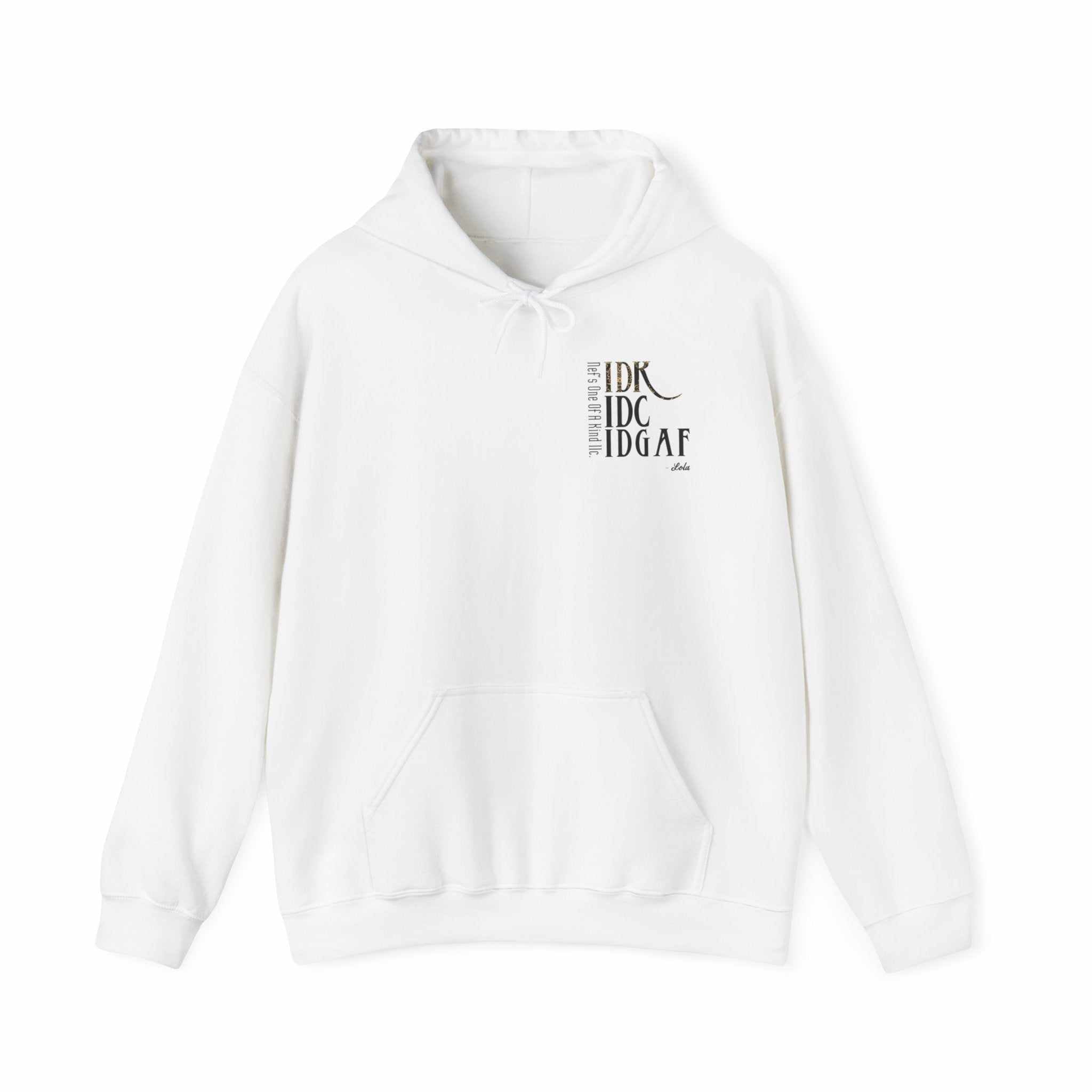 Black IDC Logo Hoodie with kangaroo pocket and drawstring hood, unisex cotton-polyester blend sweatshirt