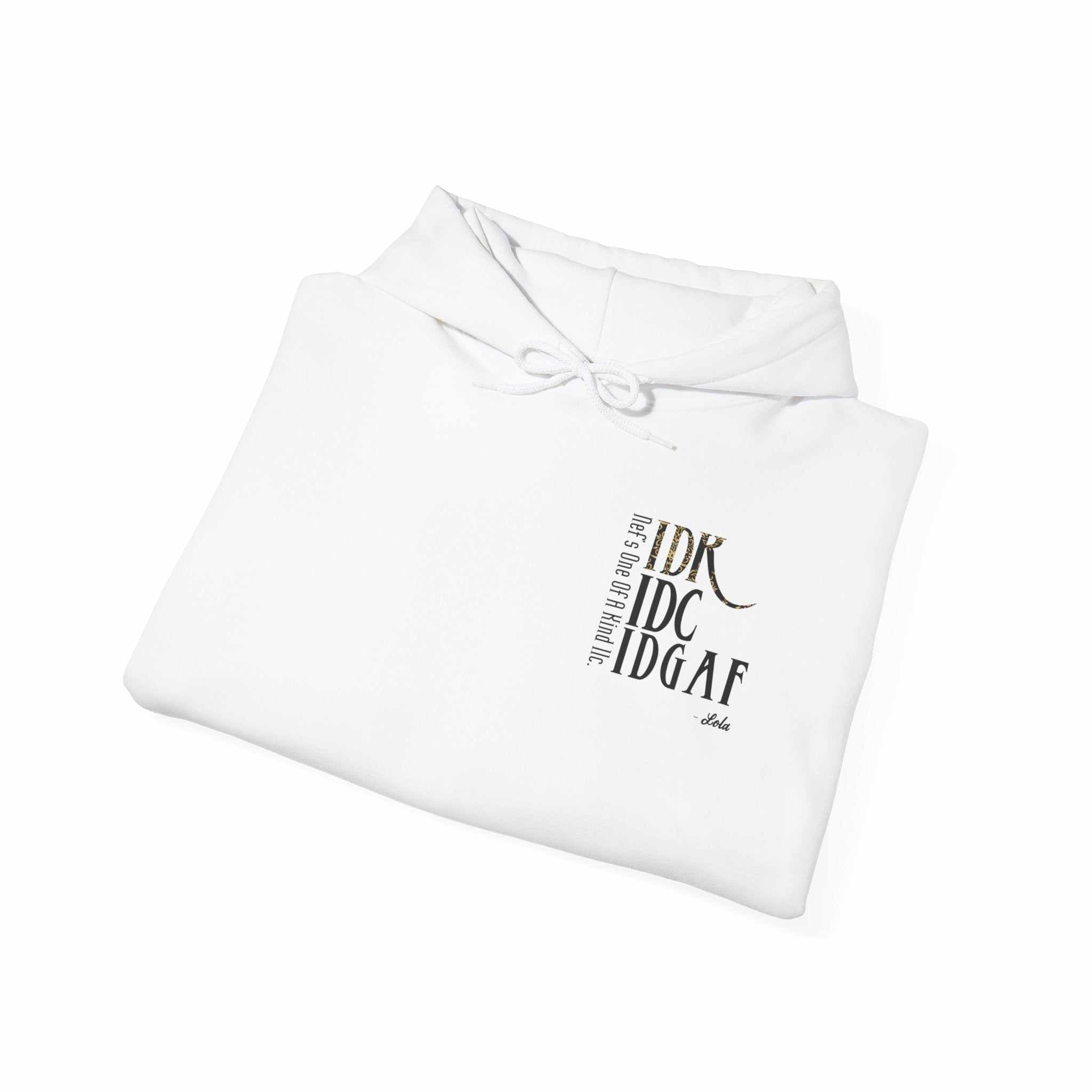 Black IDC logo hoodie with drawstring hood and kangaroo pocket unisex sweatshirt