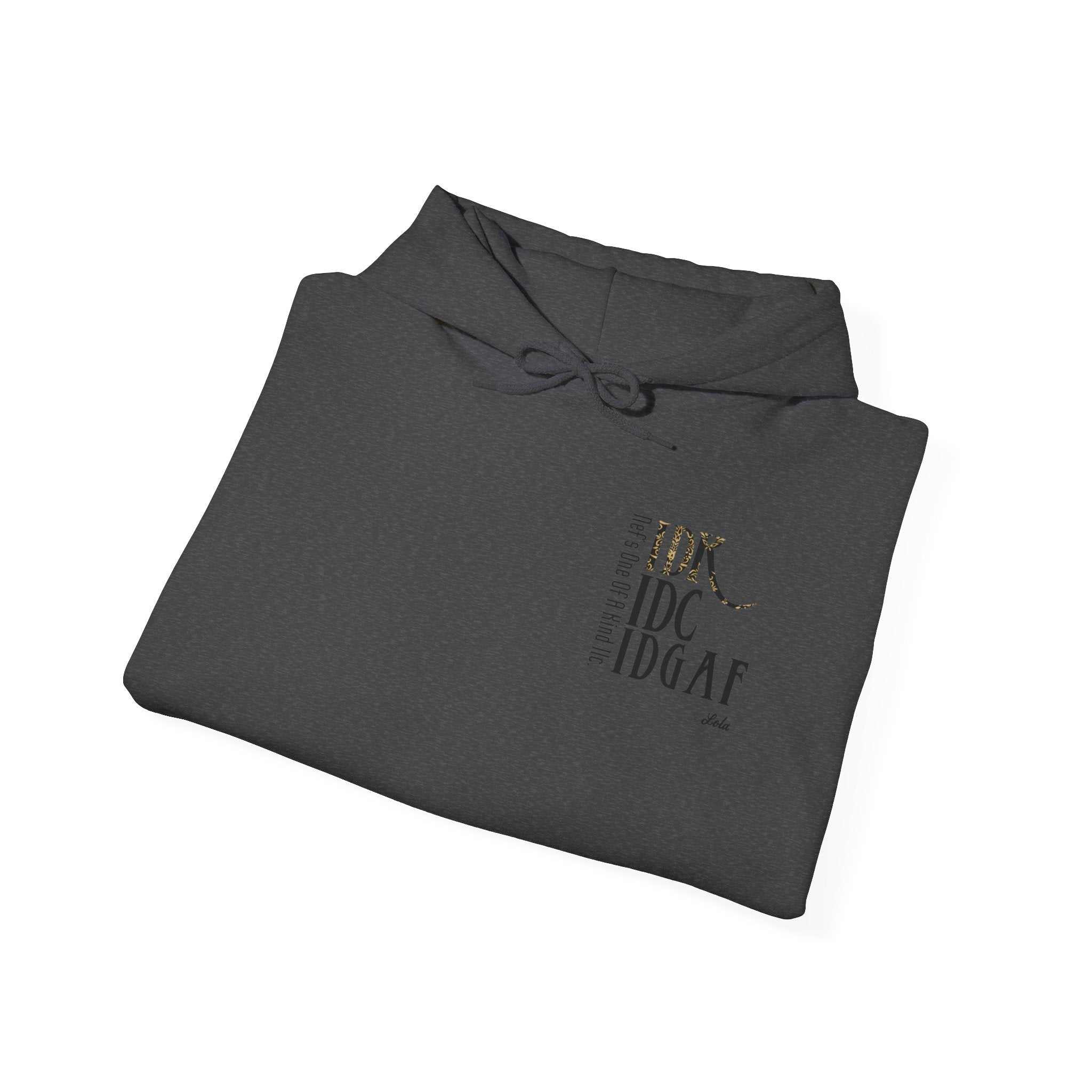 IDC Logo Hoodie unisex heavy blend cotton polyester hooded sweatshirt with kangaroo pocket and drawstring hood in black color