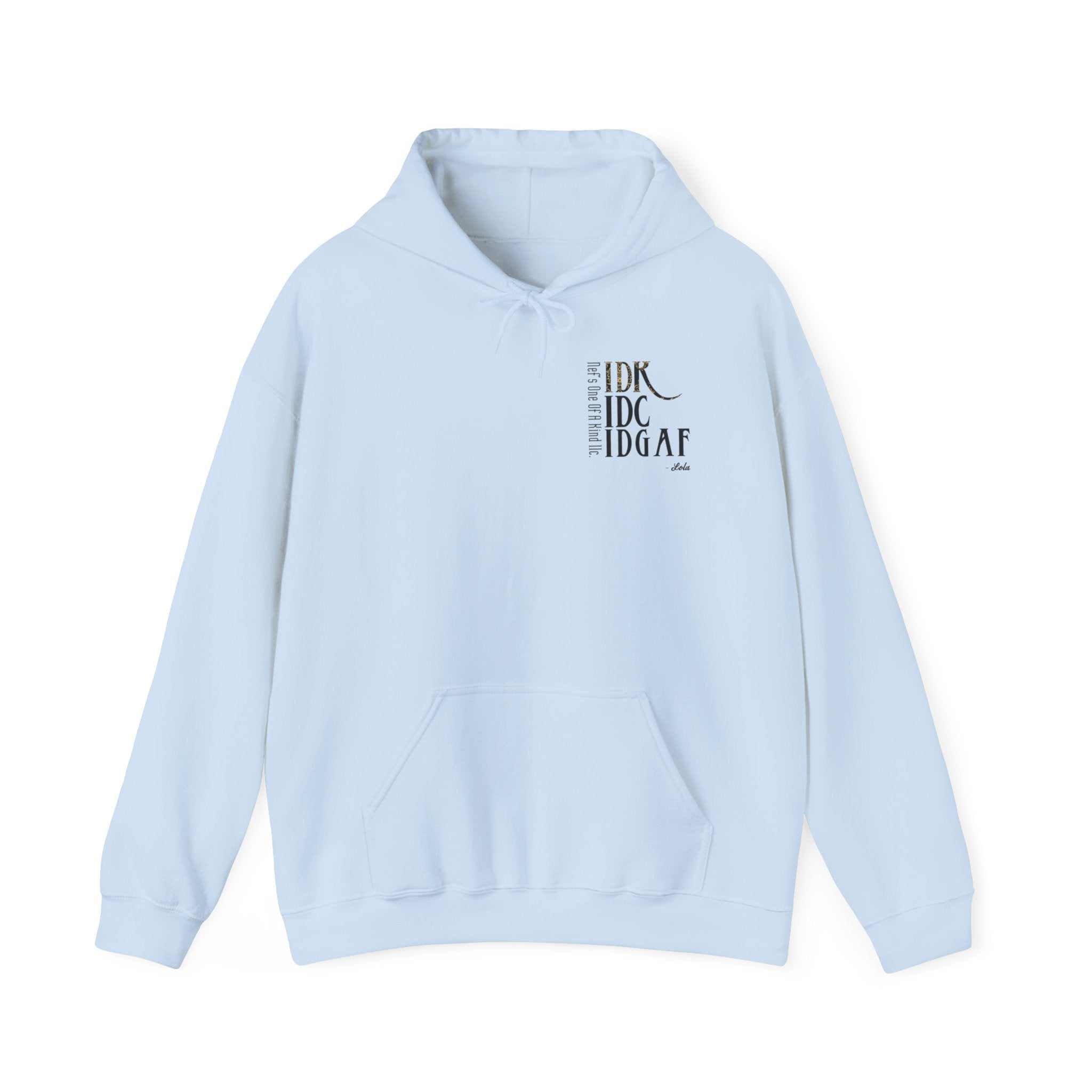 Black IDC logo hoodie with kangaroo pocket and drawstring hood, unisex heavy blend sweatshirt