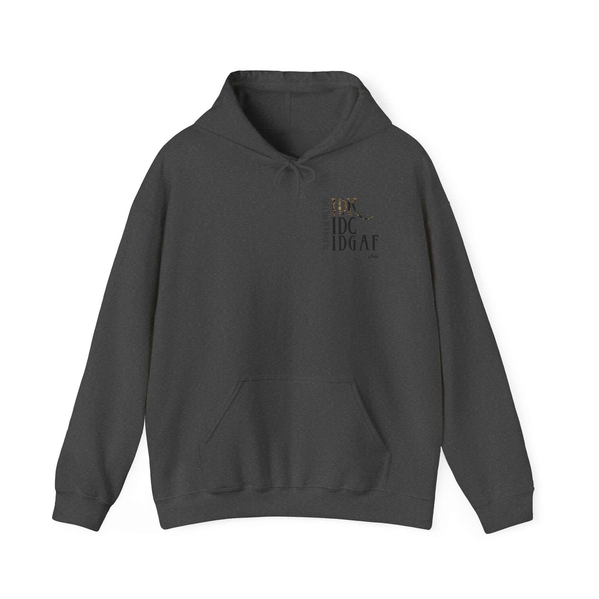 Black IDC logo hoodie with drawstring hood and kangaroo pocket, unisex heavy blend sweatshirt for warmth and style