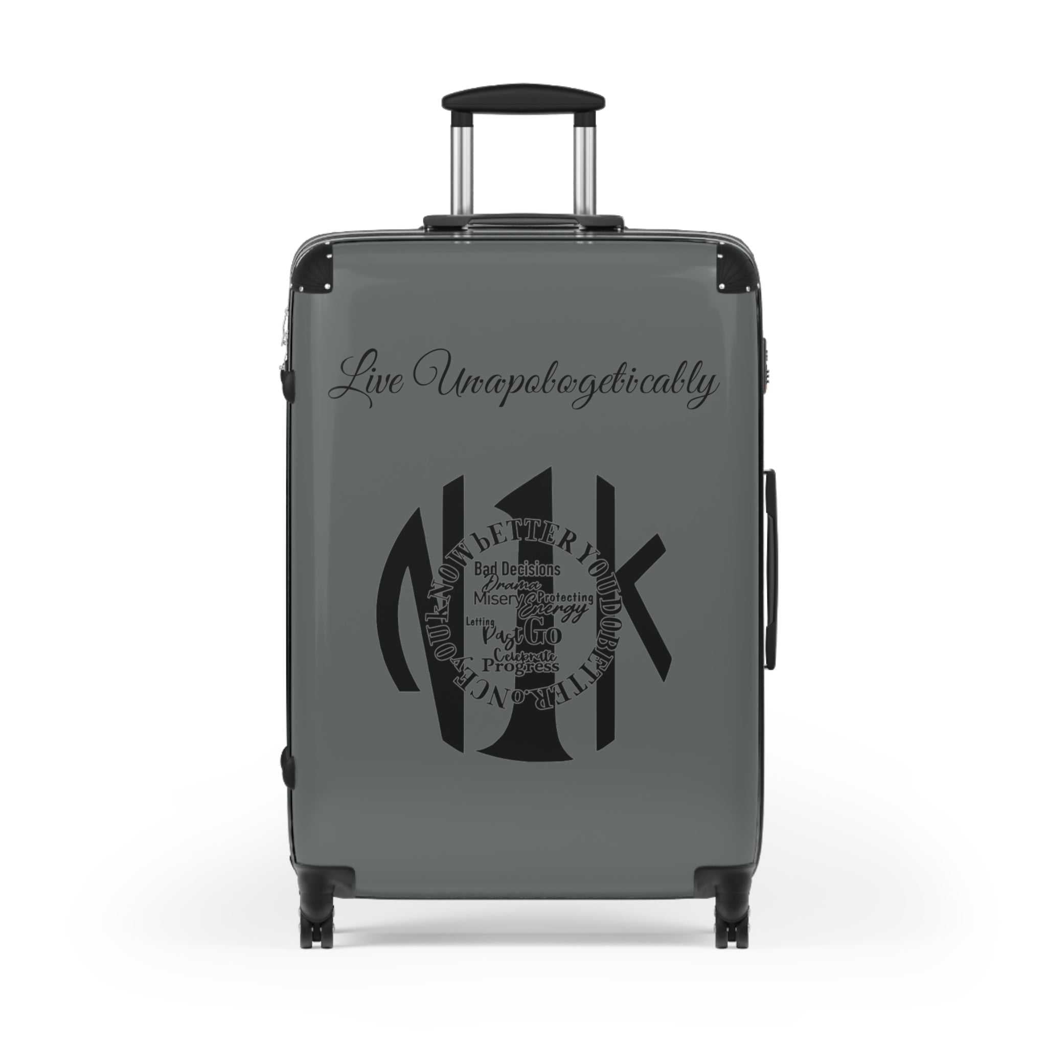 Live Unapologetically Suitcase with polycarbonate shell, adjustable handle, 360° swivel wheels, and built-in lock in small, medium, and large sizes